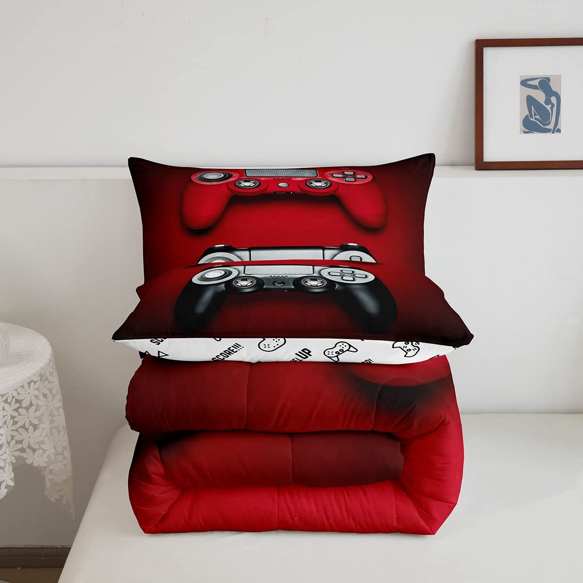 Feelyou Gaming Bedding Set - Red Video Game Controller Printed Comforter Set for Teens & Boys, 3-Piece Gamer Duvet Quilt Set (1 Comforter + 2 Pillowcases), Full Size, Black - Perfect for Gaming Rooms, Teen Bedrooms & Sleepovers