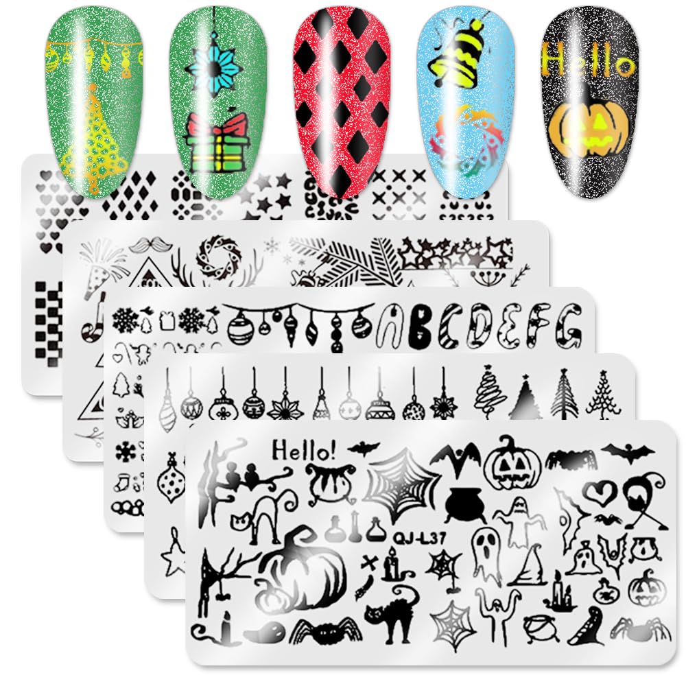 WOKOTO 5Pcs Christmas Halloween Nail Stamping Plates Kit - Holiday Nail Art Stamping Tools for Manicure & Pedicure - Perfect for DIY Nail Designs, Party Looks, and Festive Celebrations