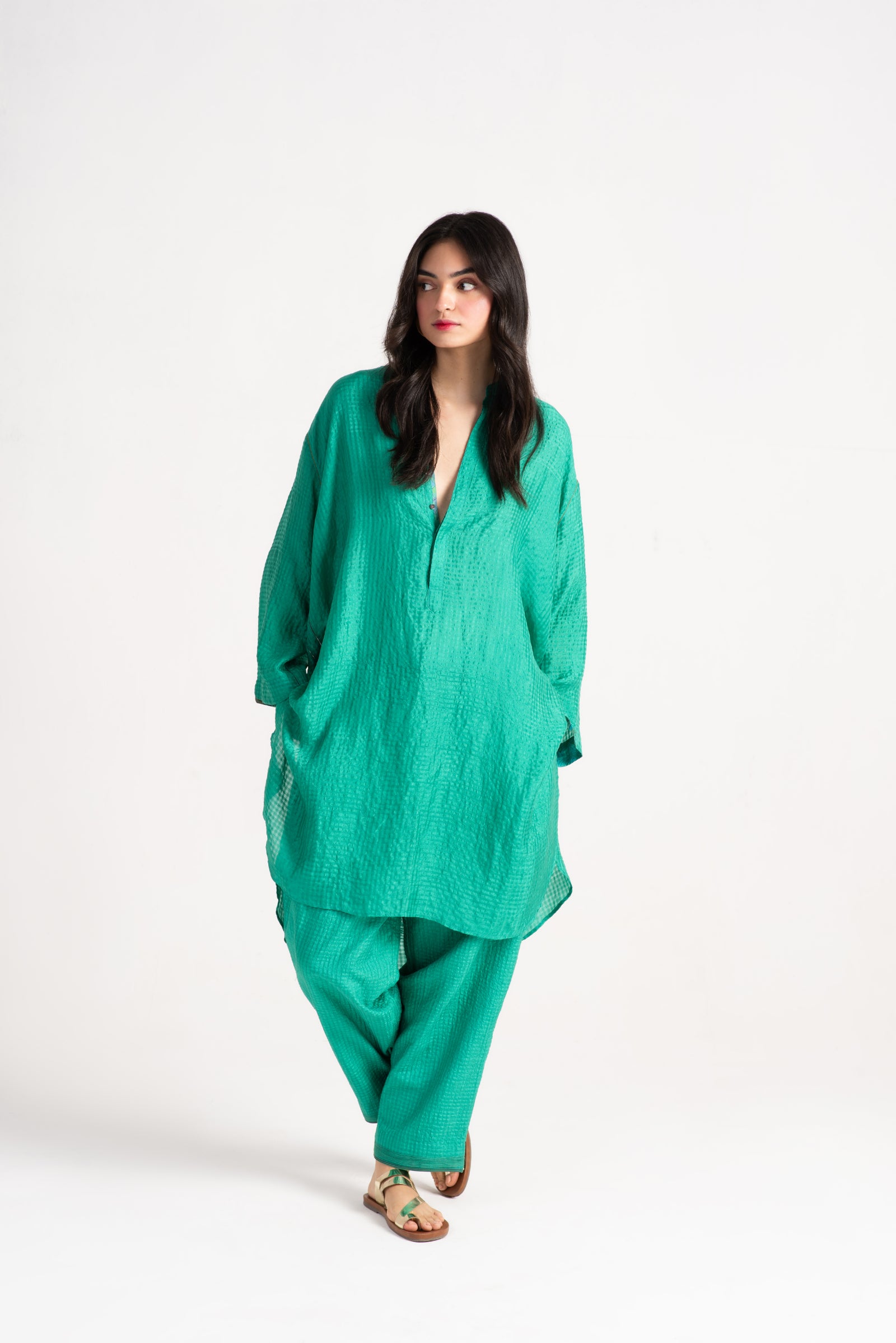 Firoza Kurta Silk Check Aqua - Elegant Embroidered Women's Silk Tunic Top for Casual Wear & Festive Occasions