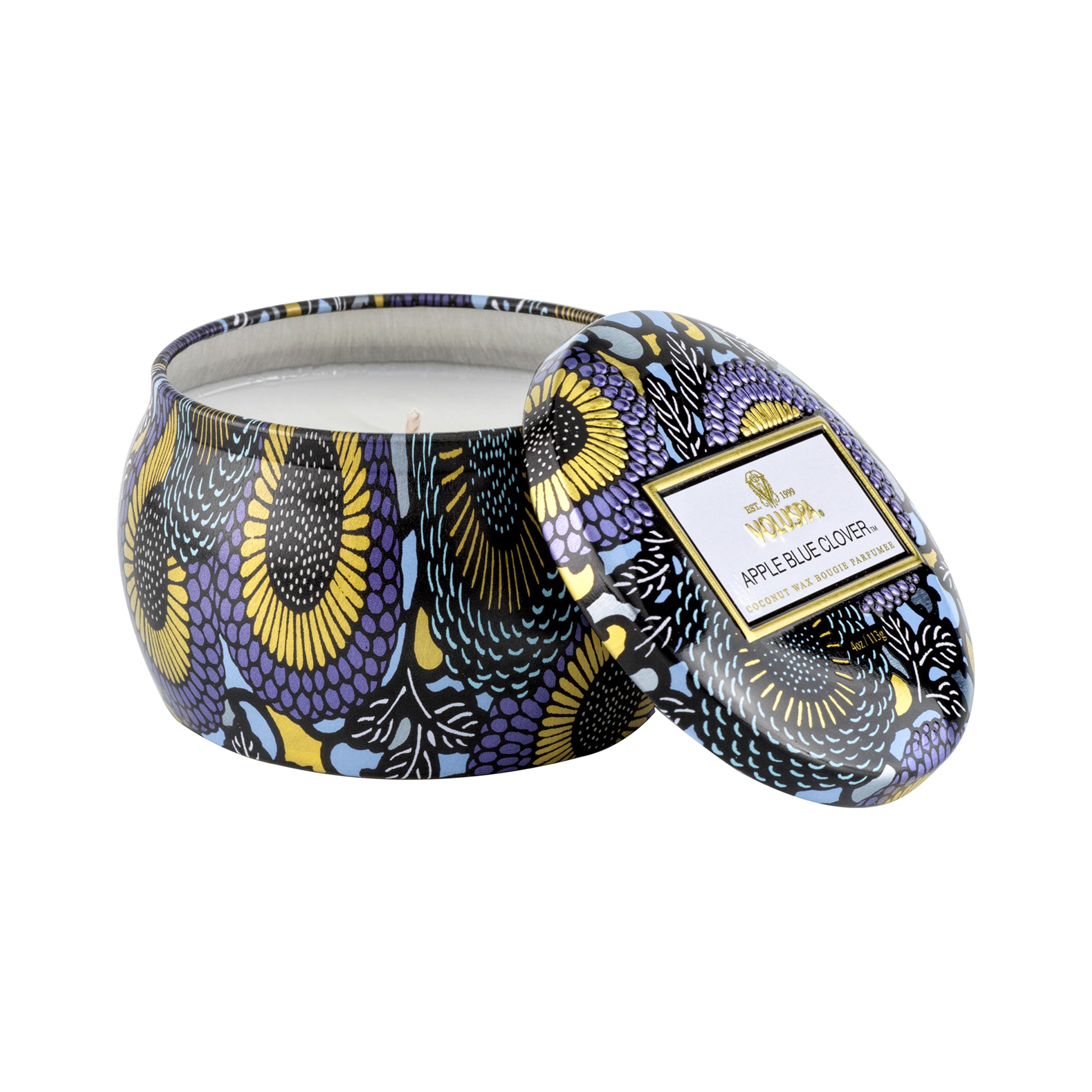 Voluspa Apple Blue Clover Mini Tin Candle - 4 oz Coconut Wax Candle with 25 Hour Burn Time, Handcrafted in USA | Clean Burning, Aromatherapy, Home Decor, Gift for Holidays & Relaxation