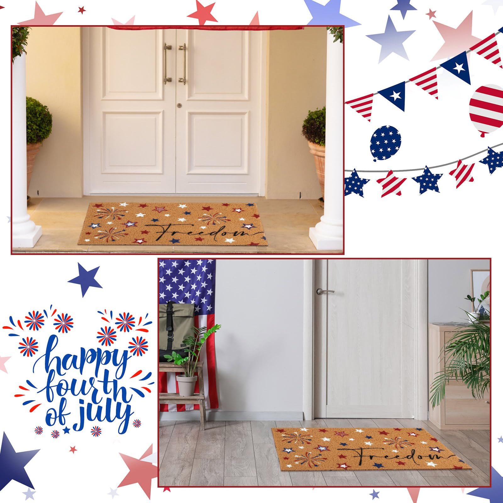 4th of July Patriotic Welcome Rug - 30 x 17 Inch Non-Slip Star Bathroom Mat for Front Door Entrance, Farmhouse Rustic Independence Day Decor - Perfect for Home, Porch, and Outdoor Celebrations (Freedom Theme)