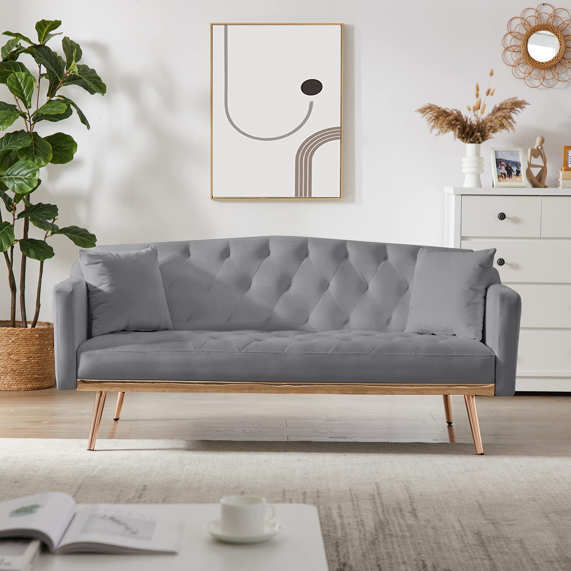 GEEVIO Modern Tufted Convertible Sleeper Sofa Bed - 3 Angle Adjustable Backrest, Rose Gold Metal Legs, Loveseat Futon Couch for Living Room, Bedroom & Small Spaces | Perfect for Guest Beds, Studio Apartments & Cozy Lounging