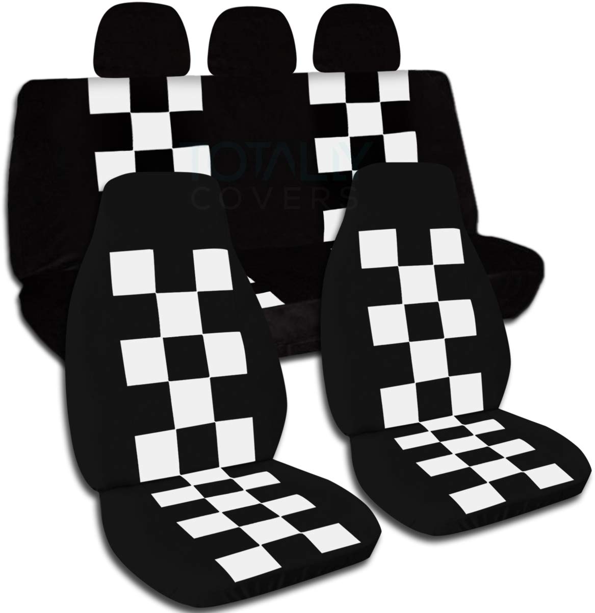 Black & White Checkered Universal Car Seat Covers Full Set - Semi-Custom Fit for Cars, Trucks, Vans, SUVs & RVs - Includes 3 Rear Headrest Covers (21 Color Options) - Perfect for Road Trips, Daily Commutes & Vehicle Protection