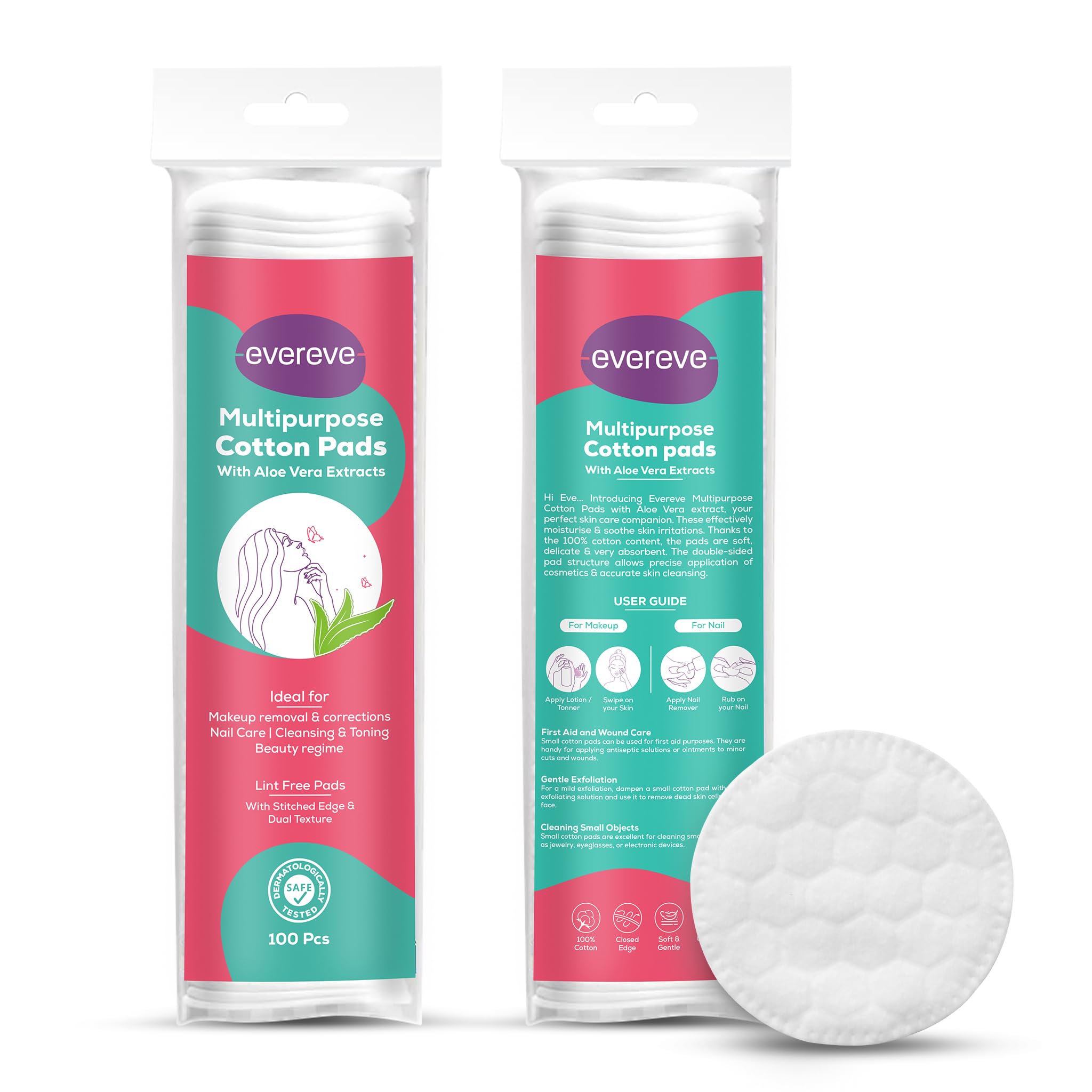 Evereve 200-Pack Multipurpose Cotton Pads | 100% Pure Cotton with Aloe Vera | Double-Sided Embossed Design | Gentle for Face, Eyes & Nails | Perfect for Makeup Removal, Skin Cleansing & Nail Polish Removal | 2-Pack (100 Pads Each) | Ideal for Daily Beauty Routine & Travel