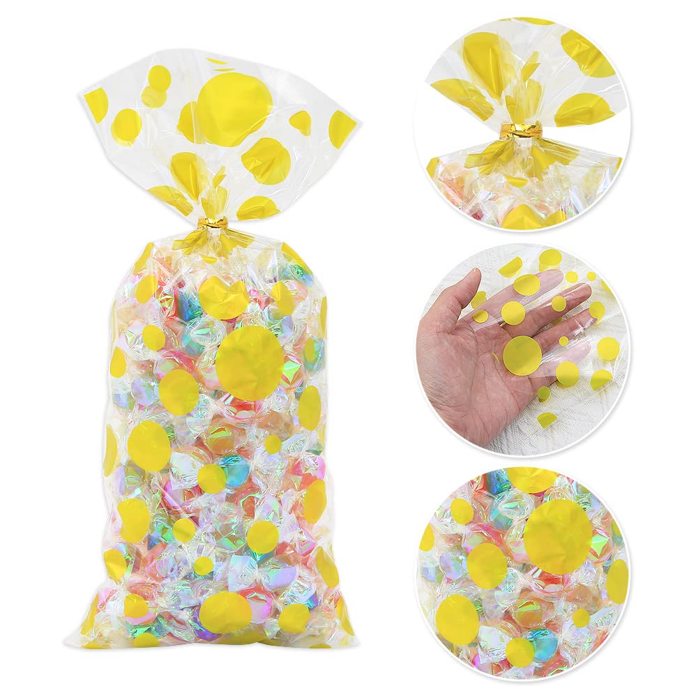 Polka Dot Cellophane Bags - 100pcs Clear Plastic Treat Bags with Twist Ties for Candy, Cookies, Nuts - Christmas, Wedding, Birthday, Easter Party Favor Supplies (4 Patterns) - Perfect for Gift Wrapping, Party Favors, and Holiday Treat Packaging
