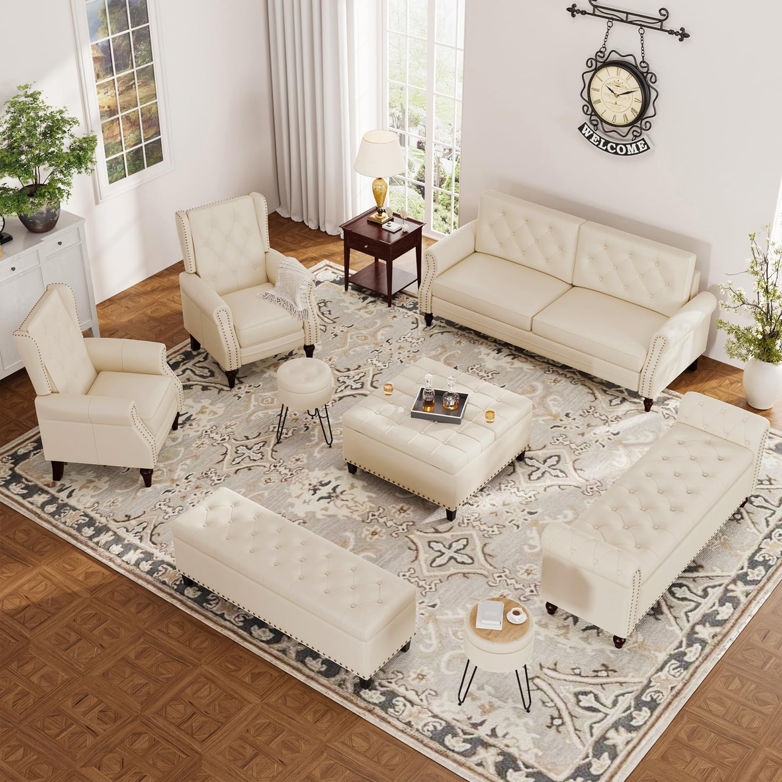 65 Inch Upholstered Storage Bench for Bedroom - Faux Leather Tufted Button End of Bed Bench with Nailhead Trim & Rolled Arms, Cream White - Perfect for Bedroom Seating, Window Seat & Extra Storage