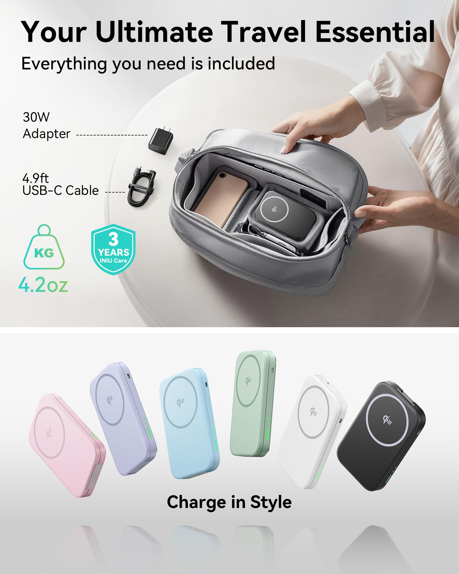 INIU 3-in-1 Wireless Charging Station - Qi2 Certified MagSafe Travel Charger for iPhone 16/15/14/13/12 Series, Apple Watch & AirPods | Foldable Stand with Adapter | Perfect for Home, Office & Travel Charging