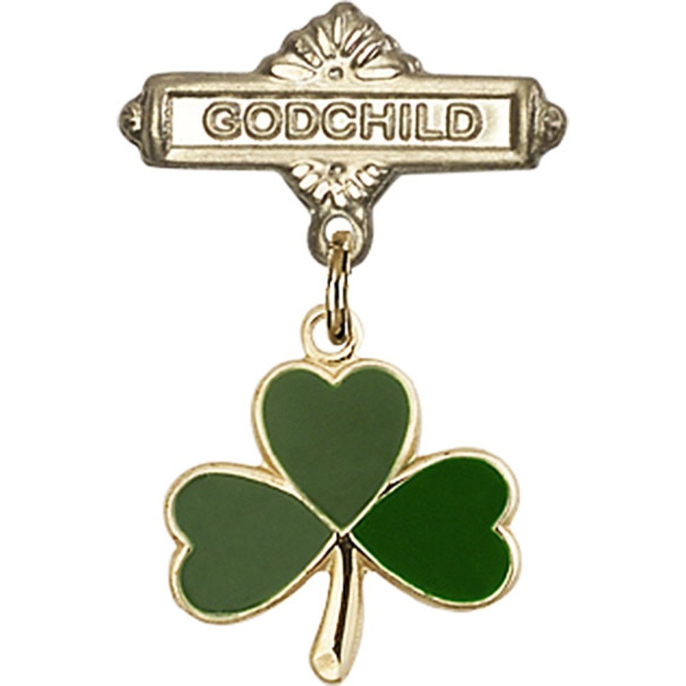 Gold Filled Baby Badge with Shamrock Charm & Godchild Pin - 1 X 5/8 Inch Irish Christening Gift for Baptism, First Communion & Baby Shower Celebrations
