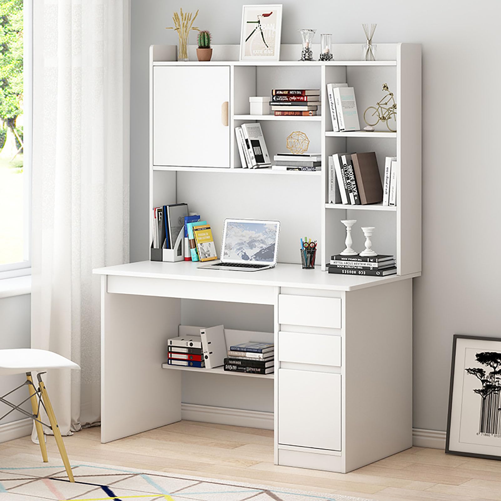 Modern Home Office Desk with Storage Shelf & Hutch - 100x45x163cm White Study Desk Workstation for Computer, Laptop & Books - Perfect for Small Spaces, Remote Work & Online Learning