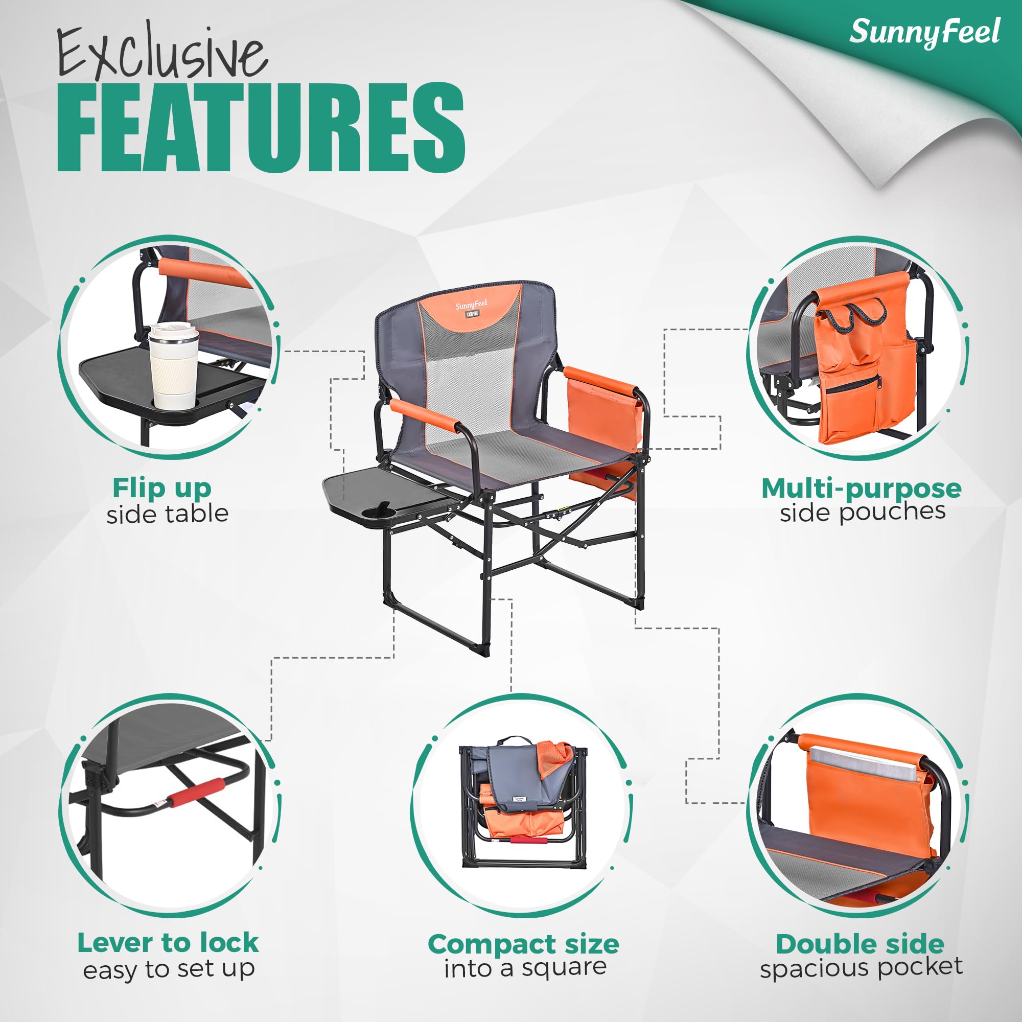 **SUNNYFEEL Oversized Heavy Duty Camping Director's Chair - Portable Folding Lawn Chair with Side Table & Storage Pocket for Adults - Perfect for Beach, Fishing, Picnic, Concert, Tailgating & Outdoor Adventures**