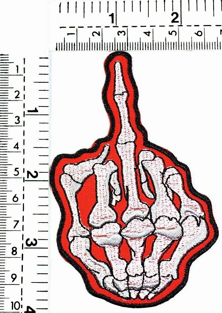 Skull Bone Middle Finger Embroidered Iron-On Patch for Biker Rider MC - Sew On Badge for Clothes, Jeans & Accessories | Motorcycle Gang Vest, Denim Jacket & Costume DIY Customization