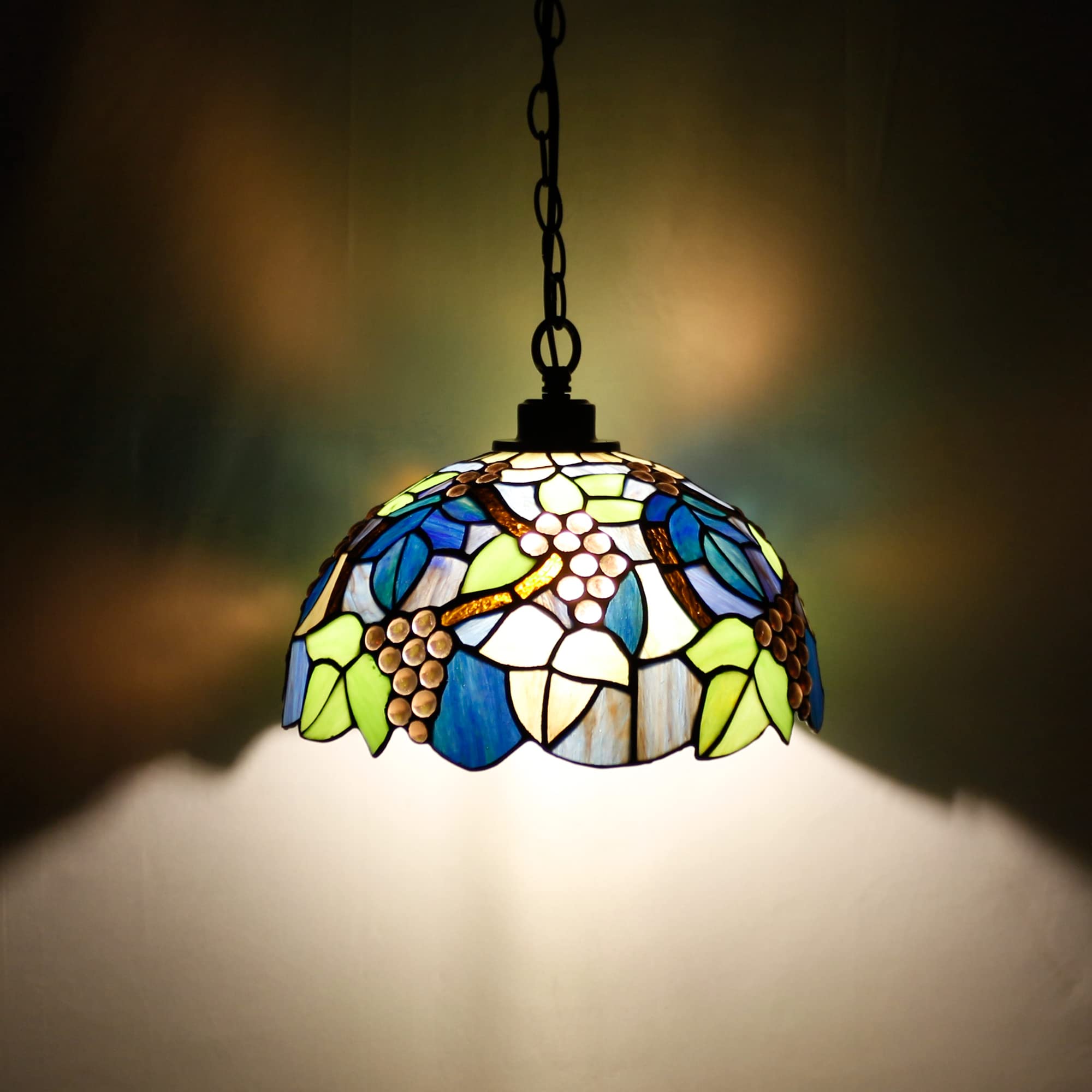 Tiffany Style Plug-in Stained Glass Swag Pendant Light - 12x12x18 Inches Hanging Lamp in Purple Grape Design | Perfect for Dining Room, Living Room, Bedroom & Kitchen Decor