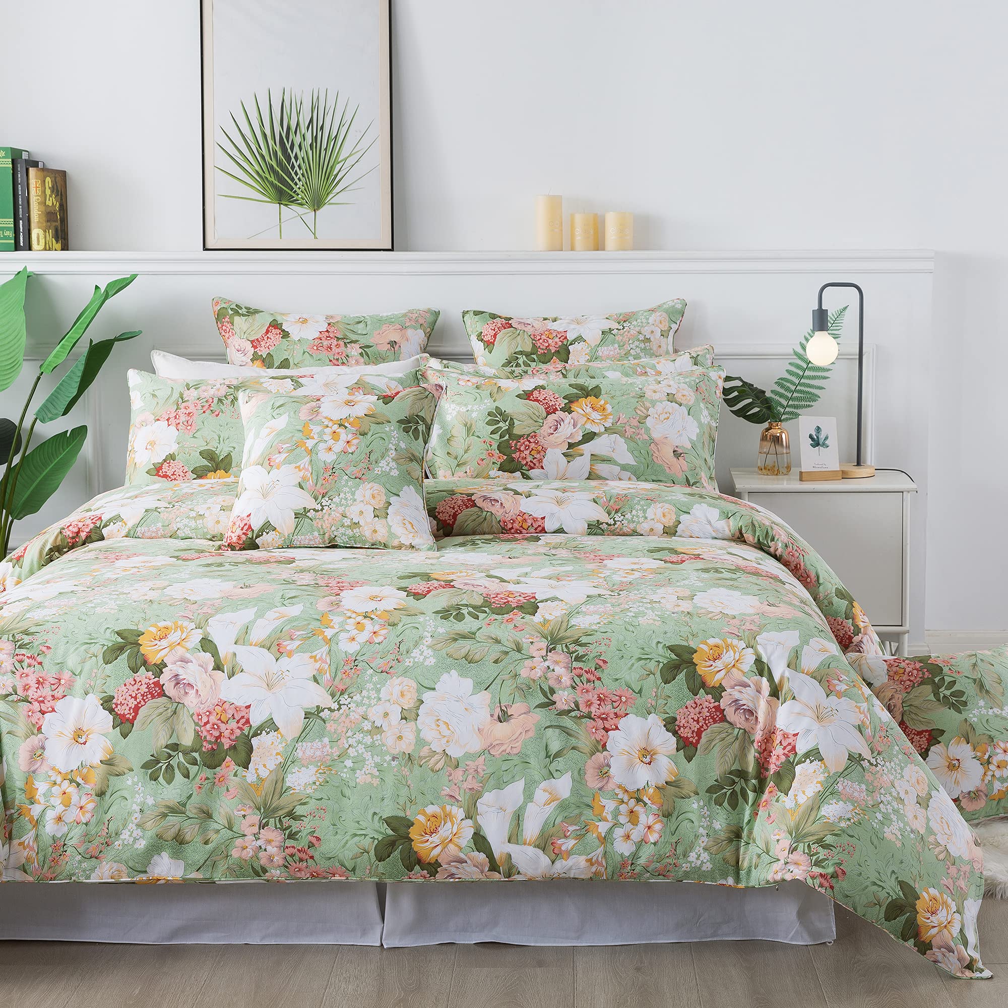 FADFAY Girls Floral Duvet Cover Set - Twin Size 100% Cotton Bedding 600 Thread Count, Mint Green & White Lily Garden Print, Soft Zipper Closure with Corner Ties, 3-Piece Comforter Cover Set - Perfect for Kids' Bedrooms, Guest Rooms & Nursery Decor