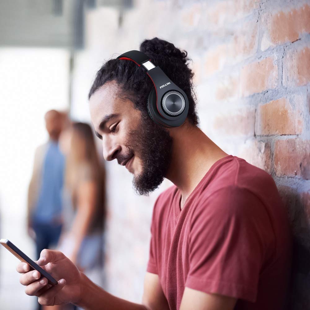 Pollini 40H Wireless Bluetooth Headphones - 40H Playtime, Foldable Over-Ear Headset with Mic, Deep Bass Stereo & Memory-Protein Earmuffs for Phone/PC (Red) | Perfect for Travel, Workouts & Home Office Use