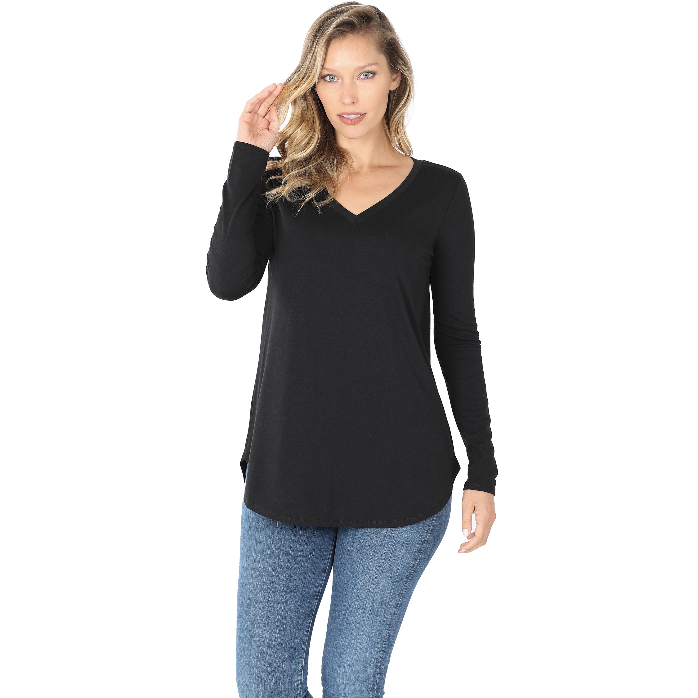 Women's Long Sleeve V Neck Scoop Front & Back Stretch T-Shirt - Casual Comfort Top for Everyday Wear, Work & Date Night