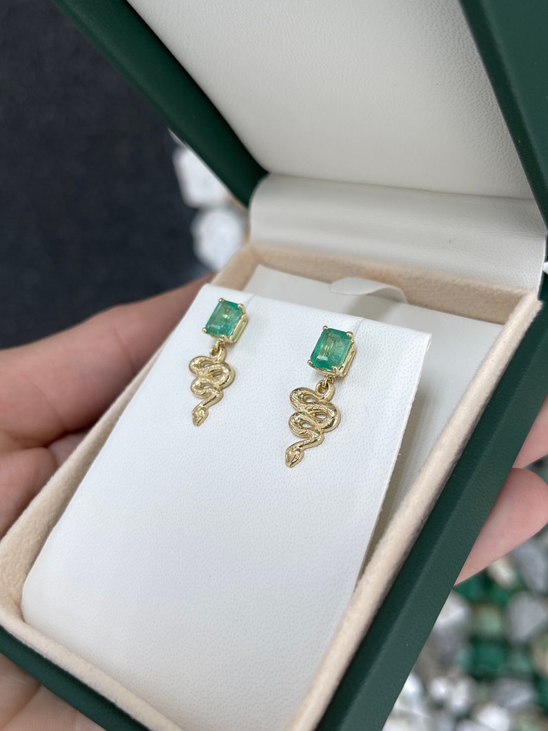 2.10tcw 14K Gold Natural Emerald Snake Dangle Stud Earrings for Women - Elegant Jewelry Gift for Birthday, Anniversary & Special Occasions