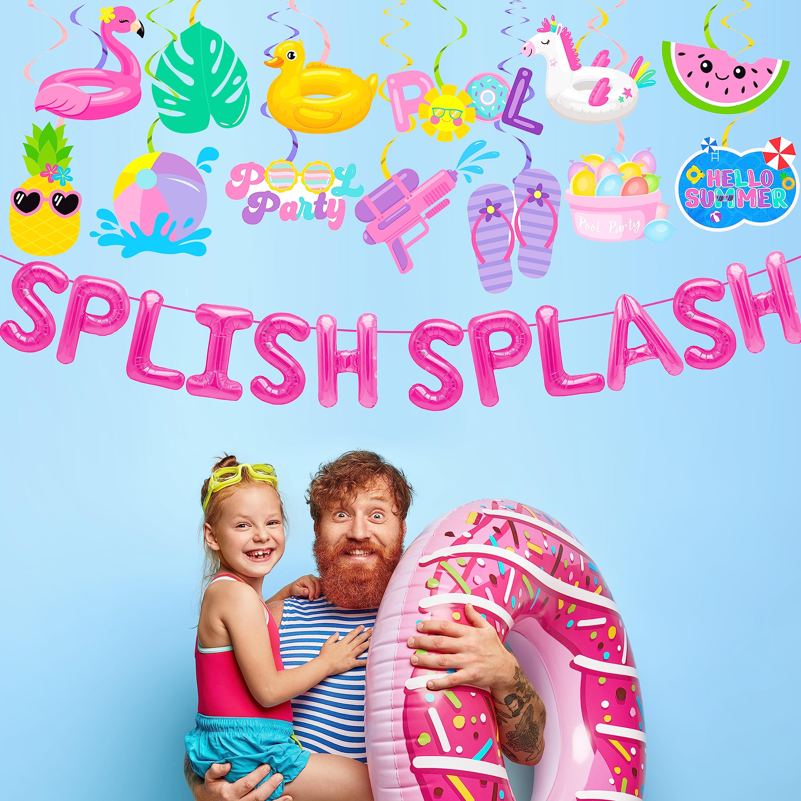 Pool Party Decorations - Splish Splash Birthday Foil Balloons, Hanging Swirls & Banner for Girls Summer Beach Party | Hawaiian Luau Tropical Theme Decor for Poolside Celebrations, Baby Showers & Backyard Gatherings