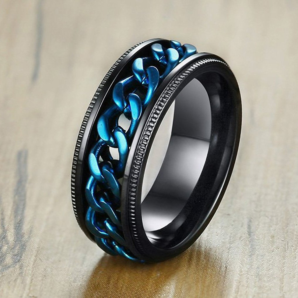 8mm Stainless Steel Spinner Ring for Men - Black & Blue Wedding Band with Grooved Edge - Perfect for Gifts, Engagements, and Everyday Wear
