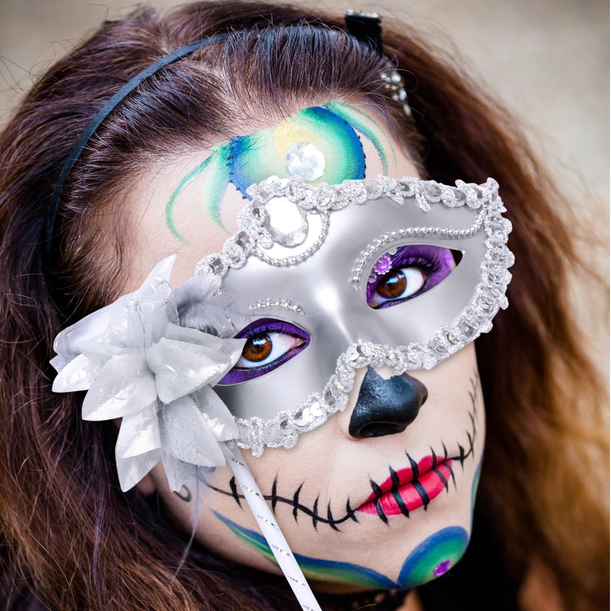 STOBOK 3-Piece Halloween Masks on Sticks - Plastic Feather Masquerade Masks for Halloween, Carnival, Party, Prom, Ball & Costume Events | Perfect for Dress-Up Parties, Mardi Gras & Themed Celebrations