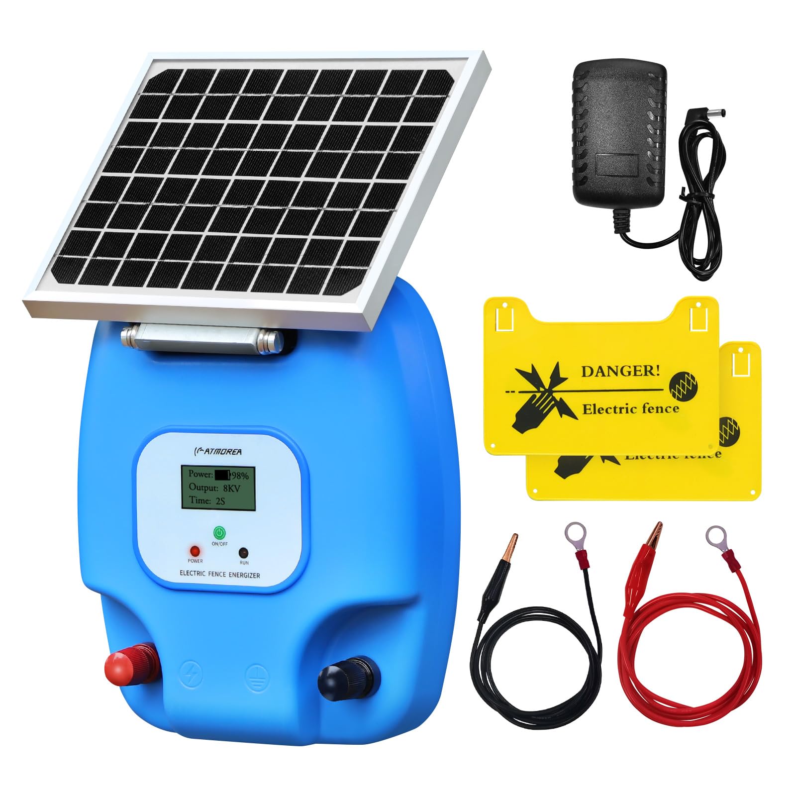 Solar Powered Electric Fence Charger 1.5 Joule Energizer with LCD Display - 5 Mile Range, Rechargeable Lithium Battery & 5W Solar Panel - Perfect for Livestock Protection, Poultry Security, Garden & Orchard Fencing - Ideal for Farms, Ranches, Backyards and Rural Properties