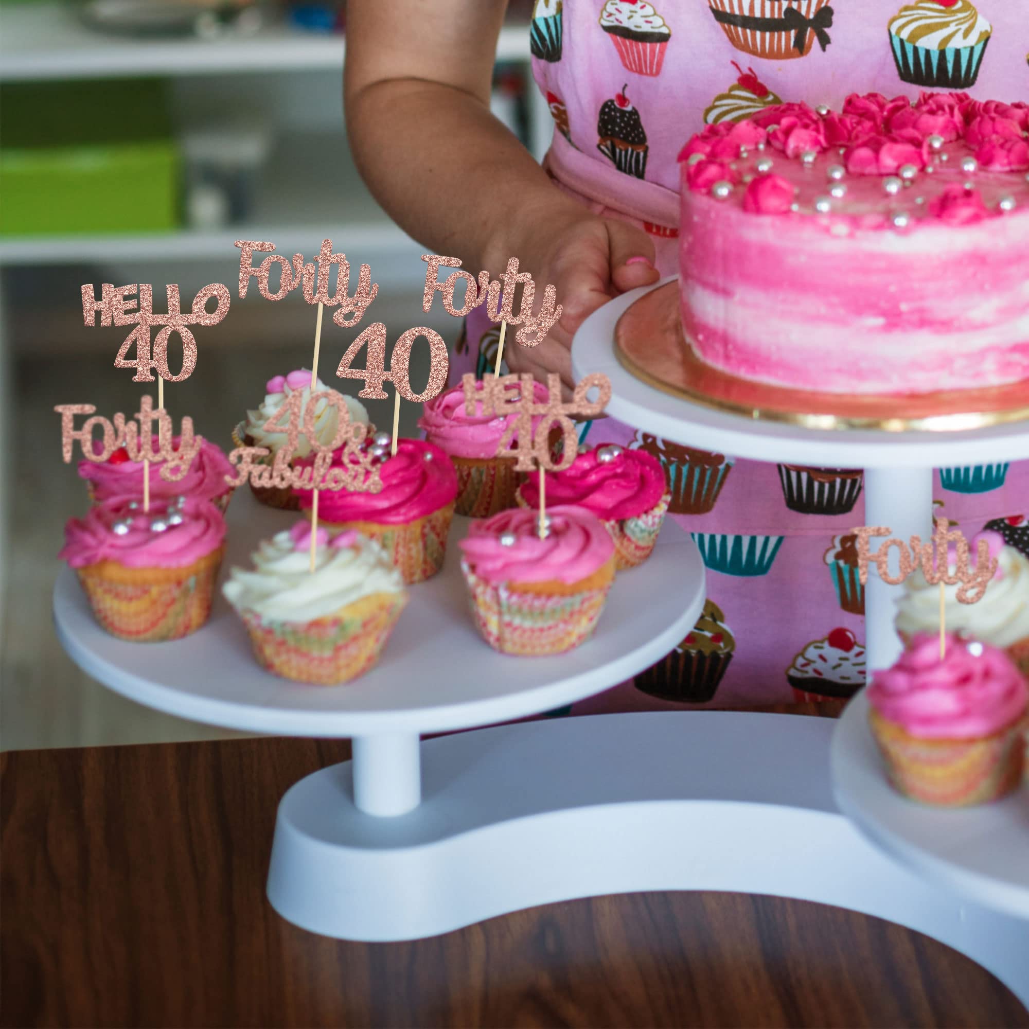 24 Pack Glitter 40th Birthday Cupcake Toppers - Hello 40 Forty Cake Decorations, 40 & Fabulous Rose Gold Cupcake Picks for Women's 40th Birthday Party, Anniversary, Retirement Celebration - Perfect for Cake, Cupcake, Dessert Decorating Supplies
