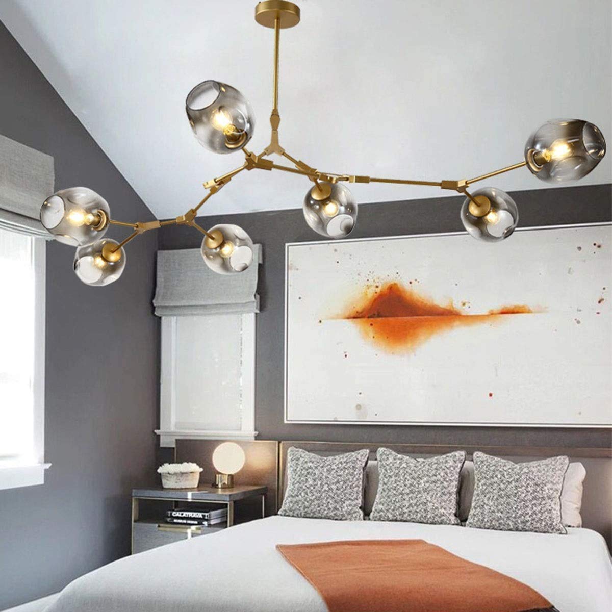 Modern 7-Light Gold Pendant Chandelier with Adjustable Grey Glass Shades - Flush Mount Ceiling Light Fixture for Hotel, Restaurant, Bar, Cafe & Home Lighting (Dining Room, Living Room, Bedroom, Corridor)