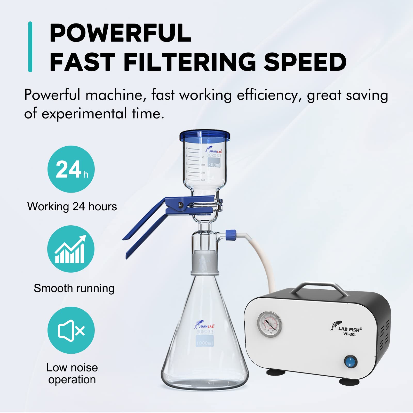 LAB FISH 30L/min Portable Oilless Diaphragm Vacuum Pump - High Efficiency Filtration System with Rubber Tube for Positive/Negative Pressure - Perfect for Chemistry Labs, Home Brewing & DIY Projects