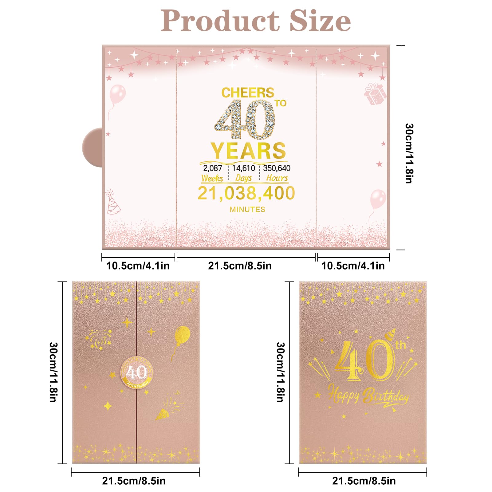 Elegant 40th Birthday Card for Women - Large Pink Rose Gold Greeting Card with Envelope, Signature Guest Book & Party Decorations | Perfect for Milestone Celebrations, Birthday Parties & Special Gifts | Cheers to 40 Years Old