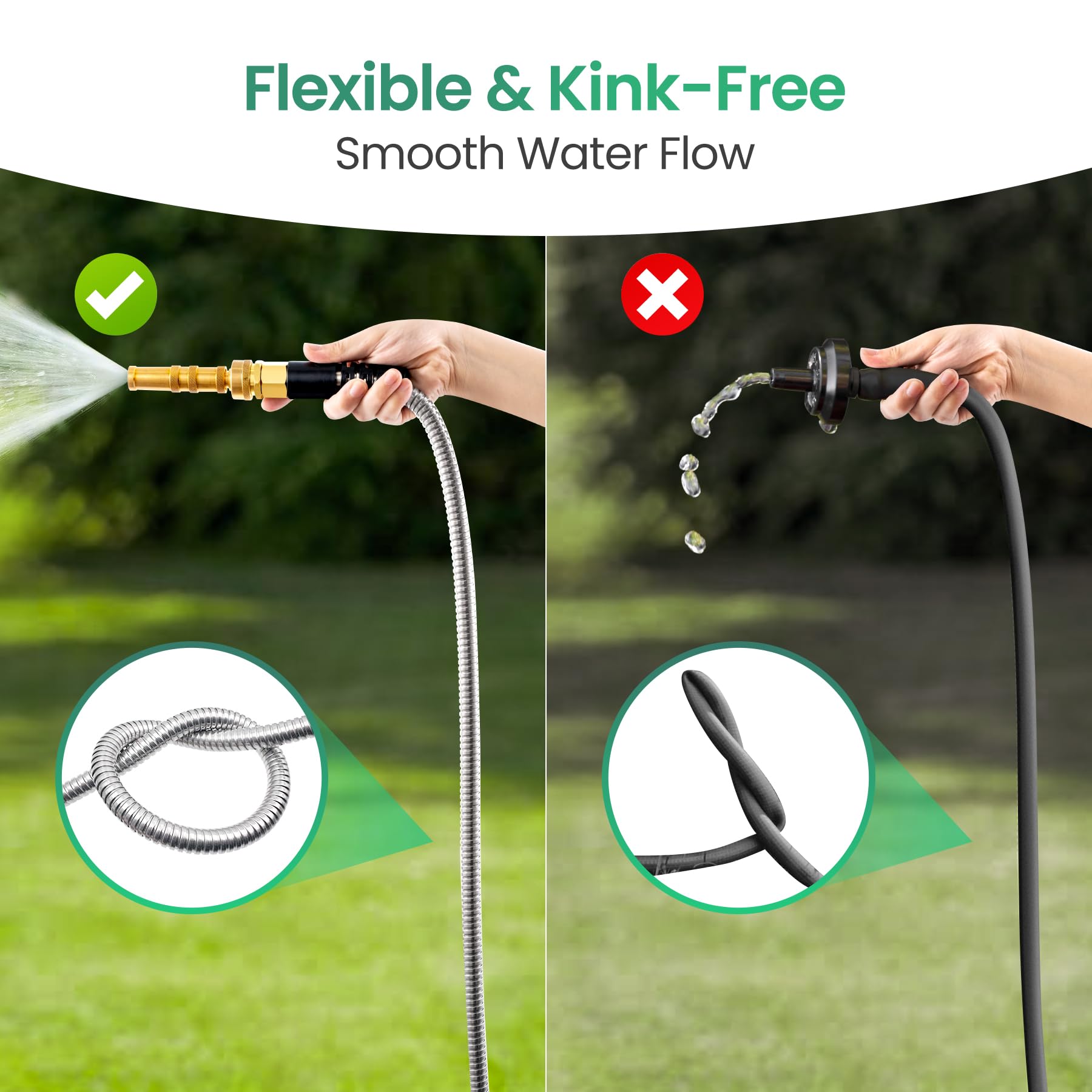 **Cesun 50 ft Heavy Duty Stainless Steel Garden Hose - Flexible, No Kink, Lightweight Metal Water Hose for RV, Yard, Lawn & Outdoor Use - 5/8