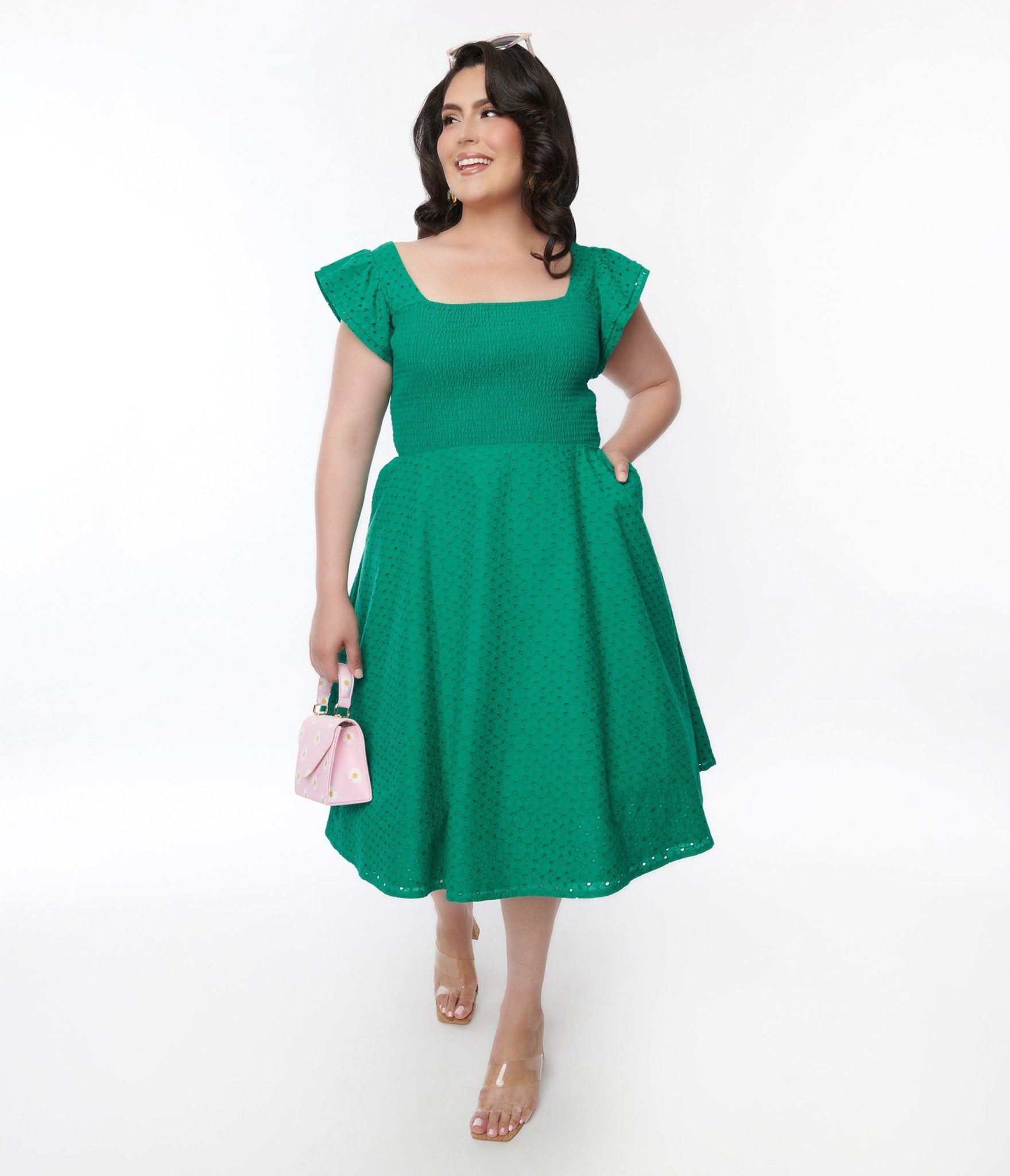 Green Eyelet Ruffle Sleeve Swing Dress - Flowy Summer Dress for Women | Perfect for Beach Vacations, Garden Parties & Date Nights
