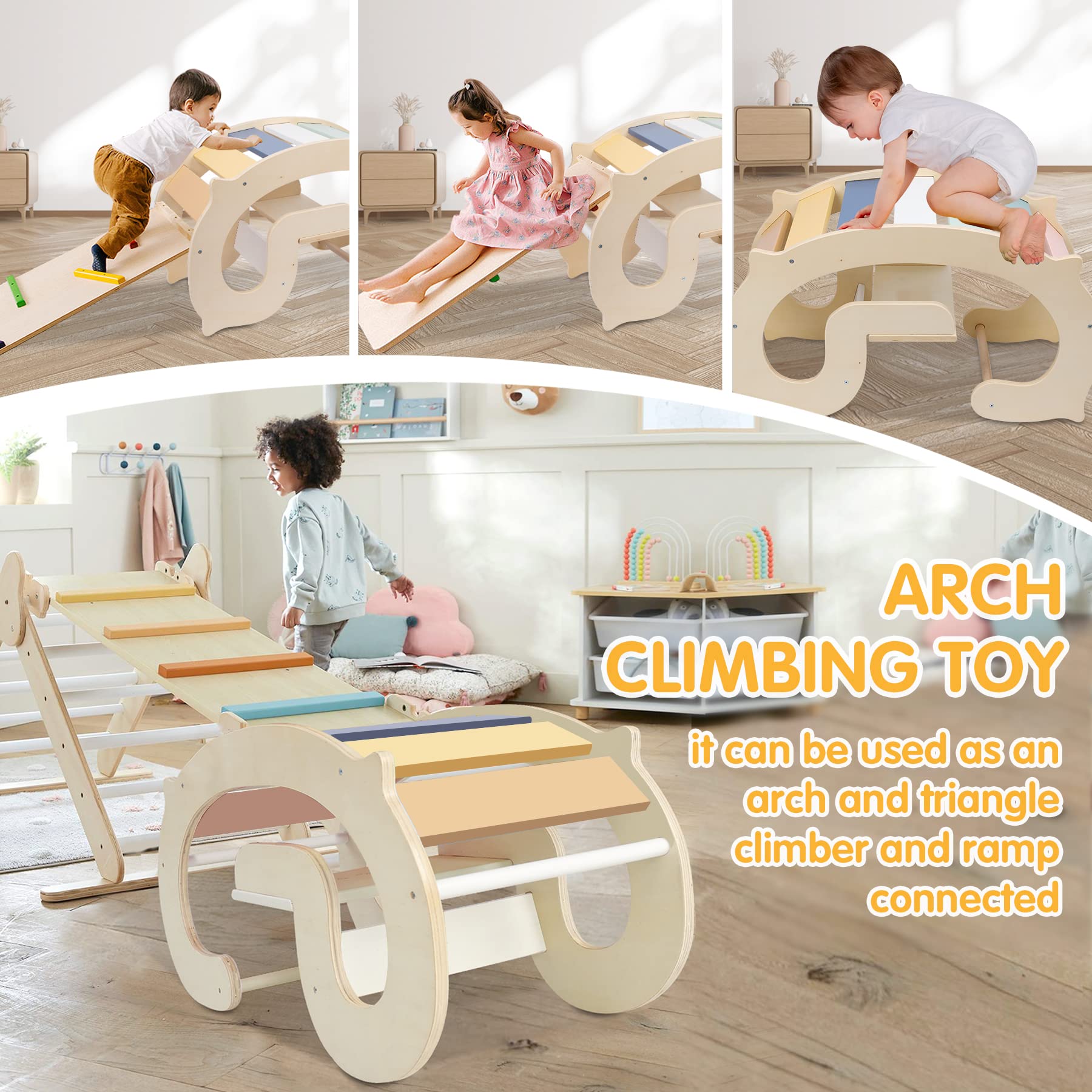 Labebe Wooden Climbing Arch for Toddlers - 3-in-1 Montessori Climbing Toy with Triangle Climber & Ramp, Waldorf Rainbow Rocker Play for Kids (Macaron) | Indoor Play Equipment for Toddler Development & Active Play