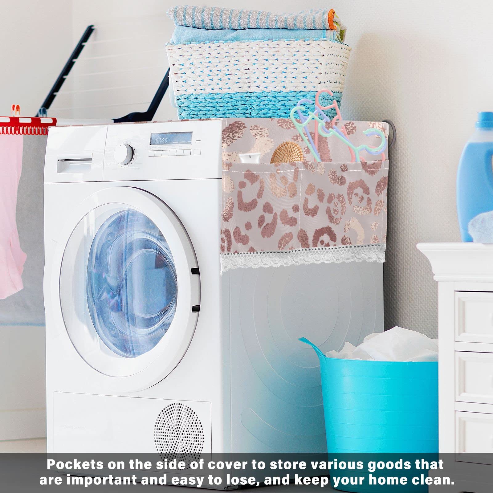 Leopard Print Washing Machine Cover - Anti-Slip Dryer Top Cover, Fridge Dust Protector with 4 Storage Bags | Perfect for Laundry Room, Basement & Apartment Appliances Protection