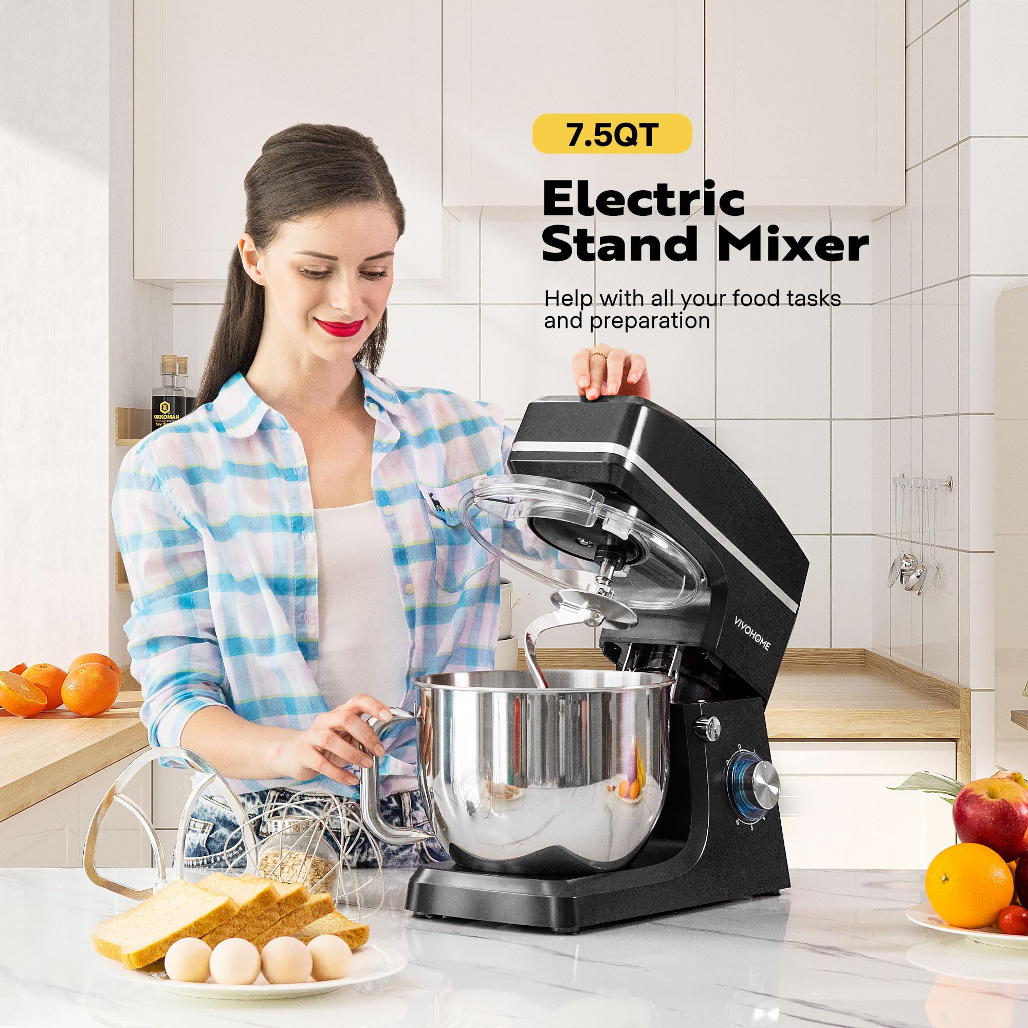 VIVOHOME 7.5 Quart Stand Mixer - 660W 6-Speed Tilt-Head Electric Kitchen Mixer with Beater, Dough Hook, Wire Whip & Egg Separator - Perfect for Baking Cakes, Cookies, Bread & More - Black