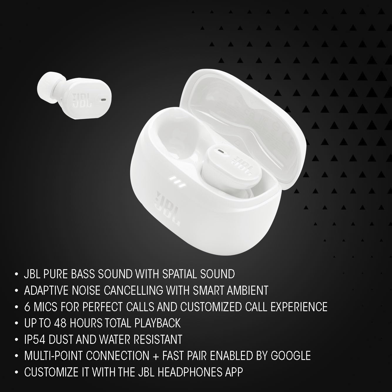 JBL Tune Buds 2 True Wireless Earbuds with Active Noise Cancelling, Spatial Audio & Smart Ambient Mode | 6-Mic Clear Calling | 48H Battery Life | IP54 Waterproof (White) | Perfect for Workouts, Commuting & Travel