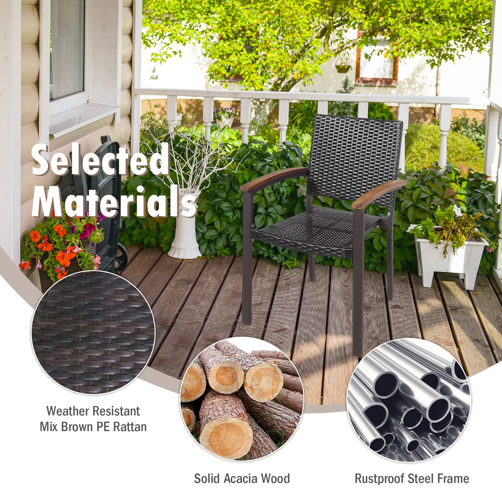 HappyGrill 2-Piece Patio Dining Chairs Set - Outdoor Rattan Wicker Stackable Armchairs with Steel Frame for Garden, Balcony, Poolside & Indoor Use