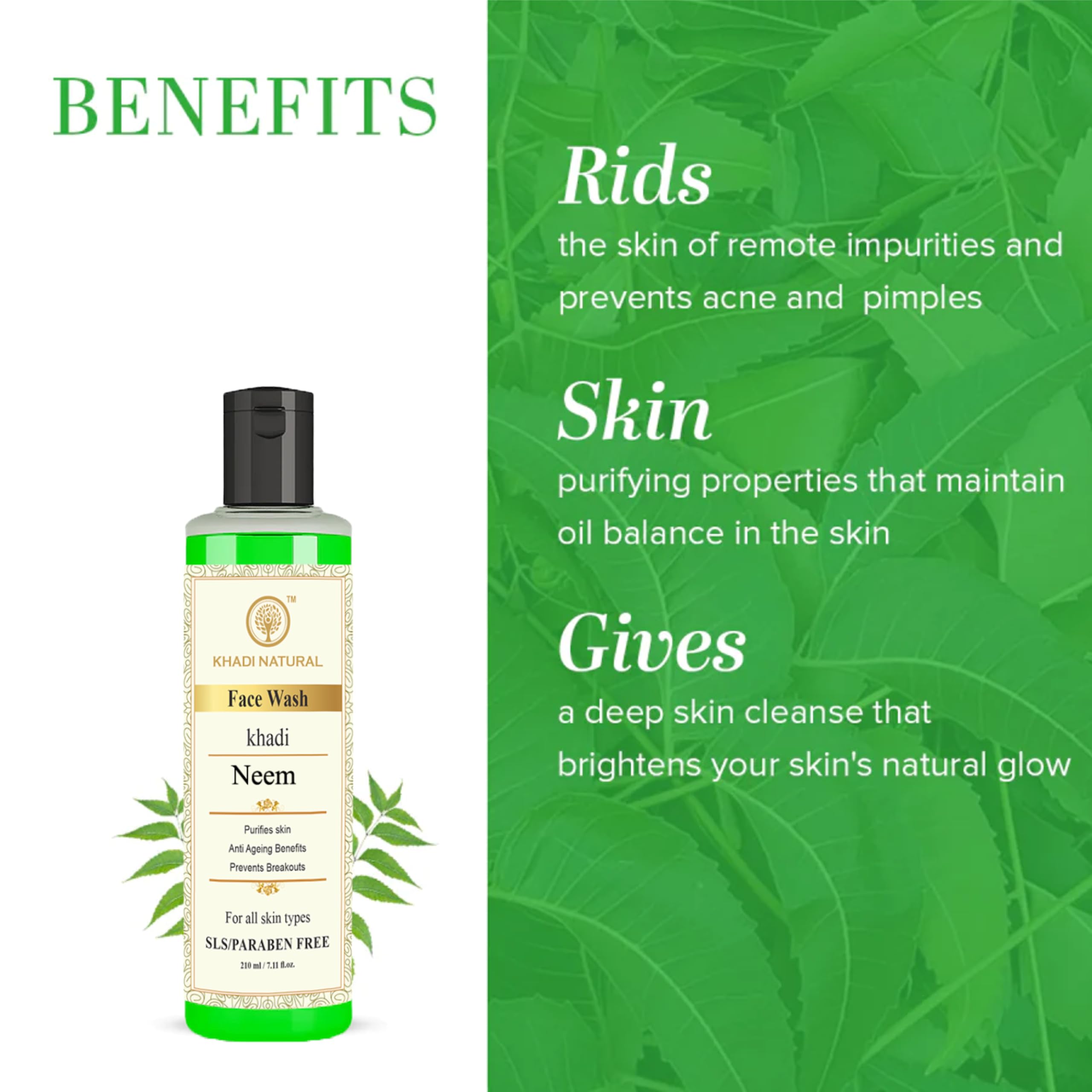 Khadi Natural Ayurvedic Neem Face Wash for Acne Prone Skin - Gentle Anti-Acne Cleanser with Neem Extract, Paraben & Sulphate Free (210ml, Pack of 2) | Daily Skincare Routine for Clear & Healthy Skin