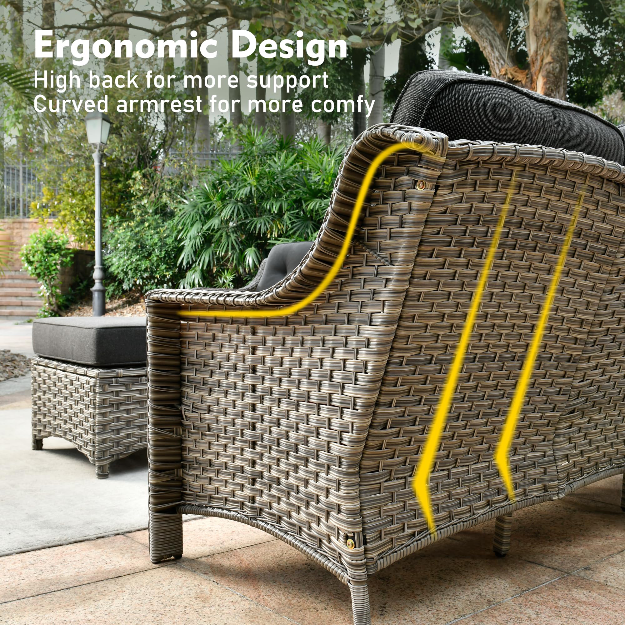 Ovios 3-Piece Outdoor Patio Furniture Set - Black Rattan Wicker Sofa & Ottoman with High Back, Perfect for Porch, Balcony, Backyard, and Poolside Relaxation | Durable Sectional Conversation Set for Outdoor Entertaining