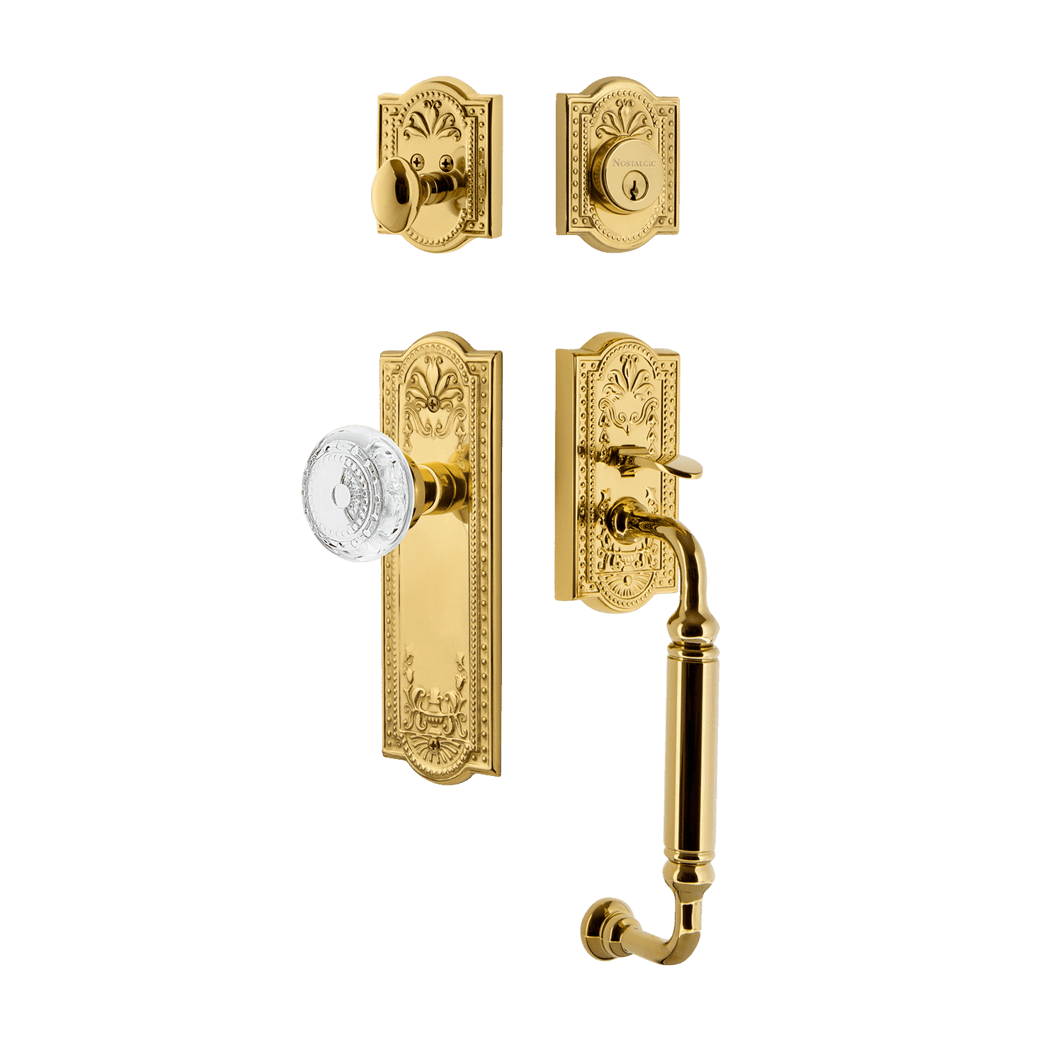 Polished Brass Meadows Handleset with C Grip & Long Plate - Crystal Knob for Elegant Home Doors | Perfect for Bedroom, Bathroom & Interior Doors