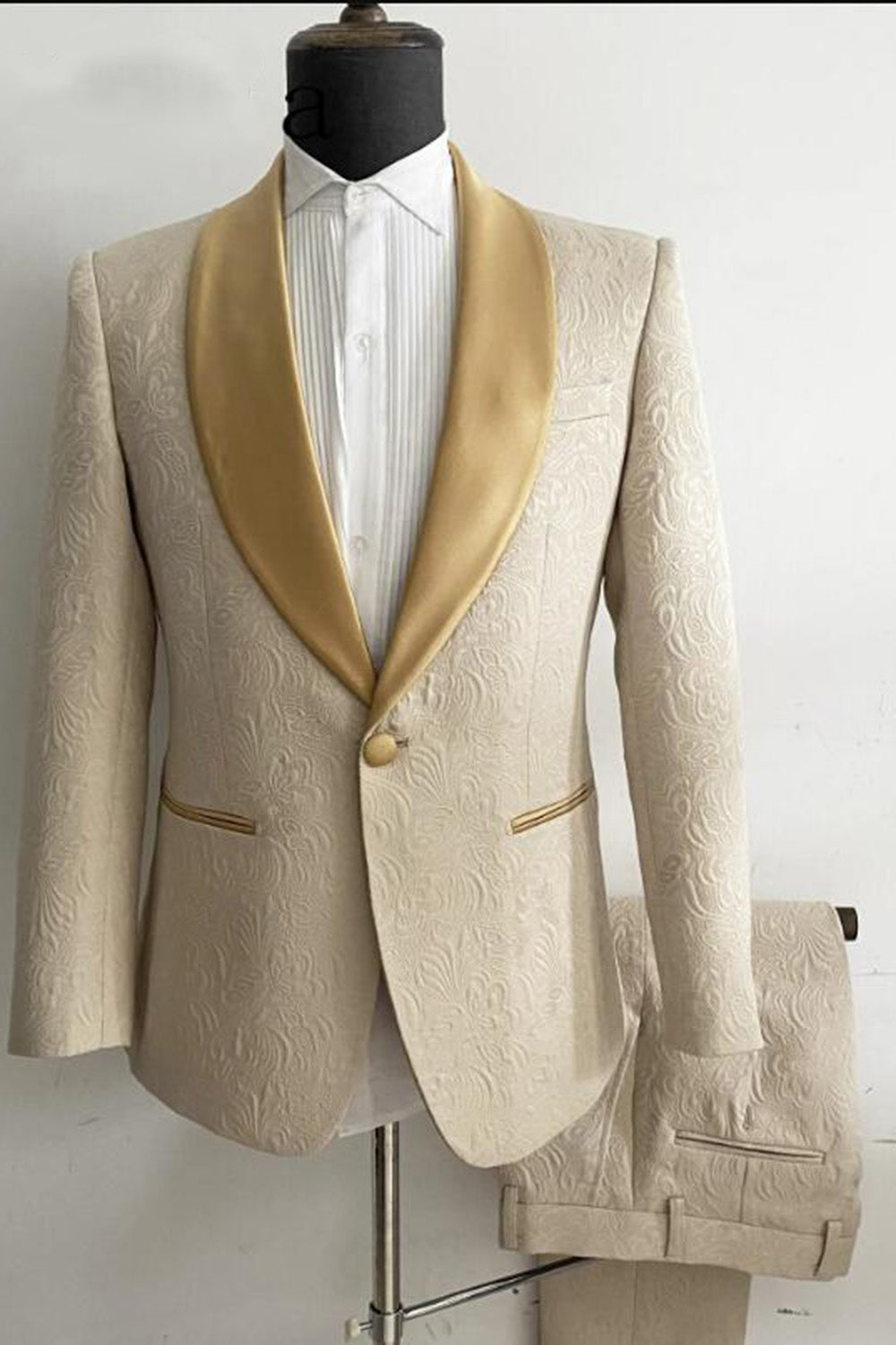 Slim Fit Beige and Gold Men's Tuxedo Suit - 2 Piece Formal Dinner Jacket & Pants (CS24192) | Perfect for Weddings, Prom, Black Tie Events & Evening Gala