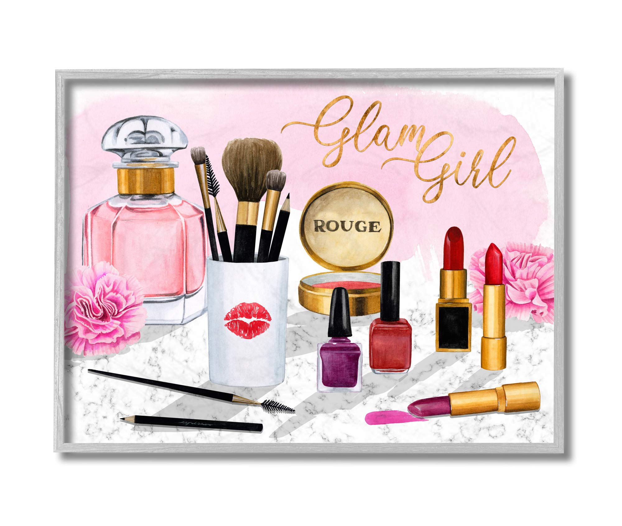 Stupell Industries Glam Girl Phrase Fashion Cosmetic Accessories Wall Art - Grey Framed 16x20 Pink Decor by Grace Popp | Perfect for Bedroom, Bathroom & Vanity Makeup Area