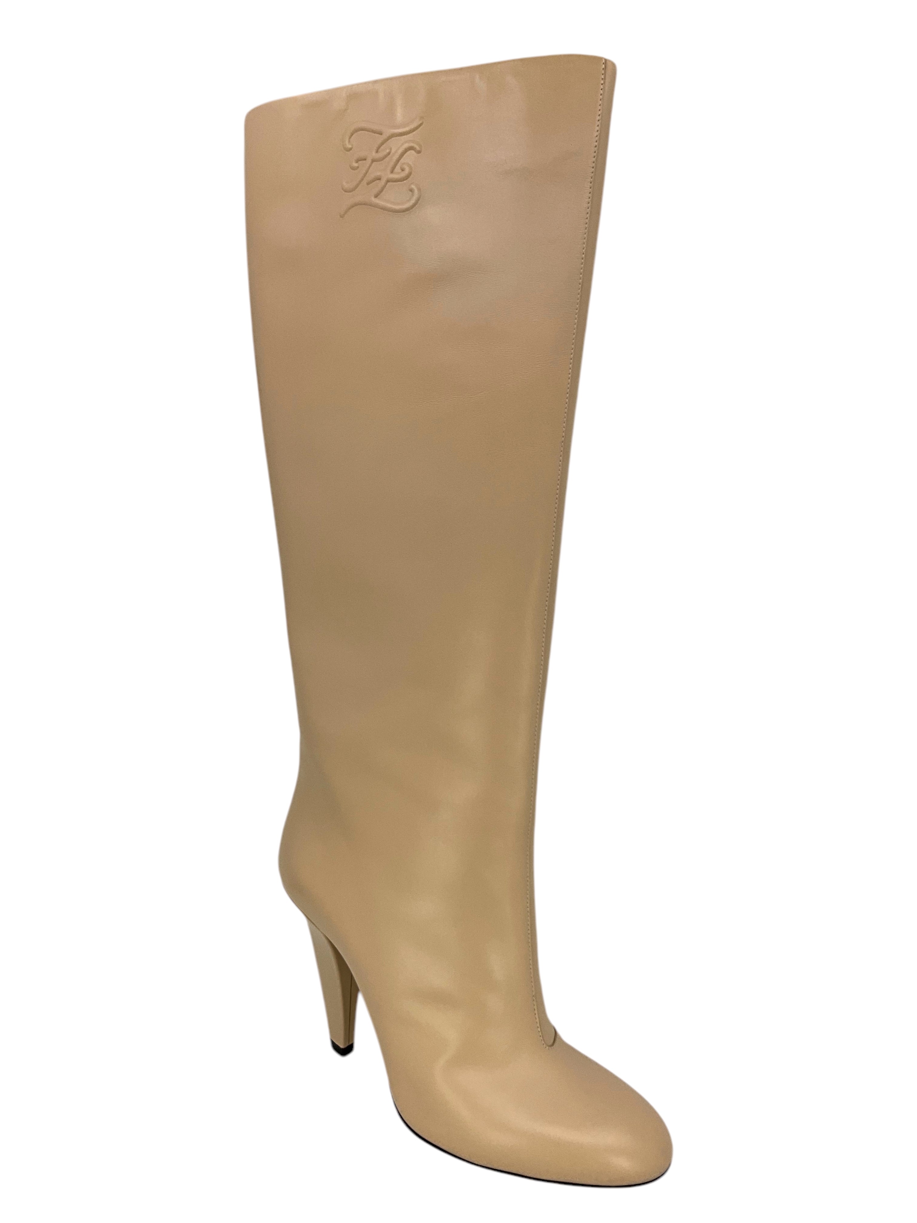 FENDI Karligraphy Embossed Logo Knee High Boots for Women | Size 9 US | Luxury Leather Fashion Boots for Fall Winter, Parties & Night Out