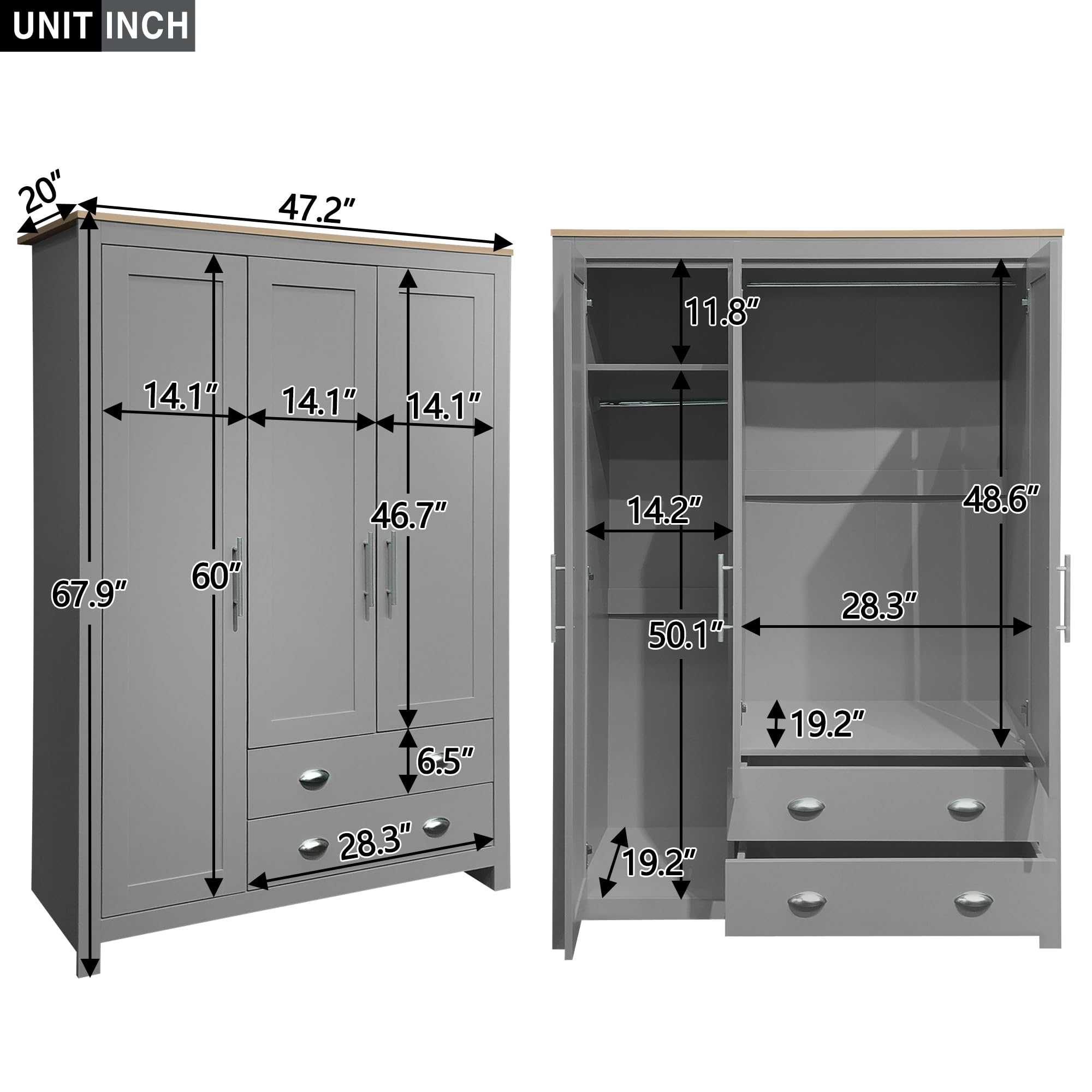 Merax 3-Door Grey Wood Wardrobe Cabinet - Bedroom Closet Organizer with Large Drawers, Hanging Rails & Shelves | Functional Clothes Storage for Home, Dorm, Apartment (Gray) | Perfect for Small Spaces & Modern Bedroom Decor