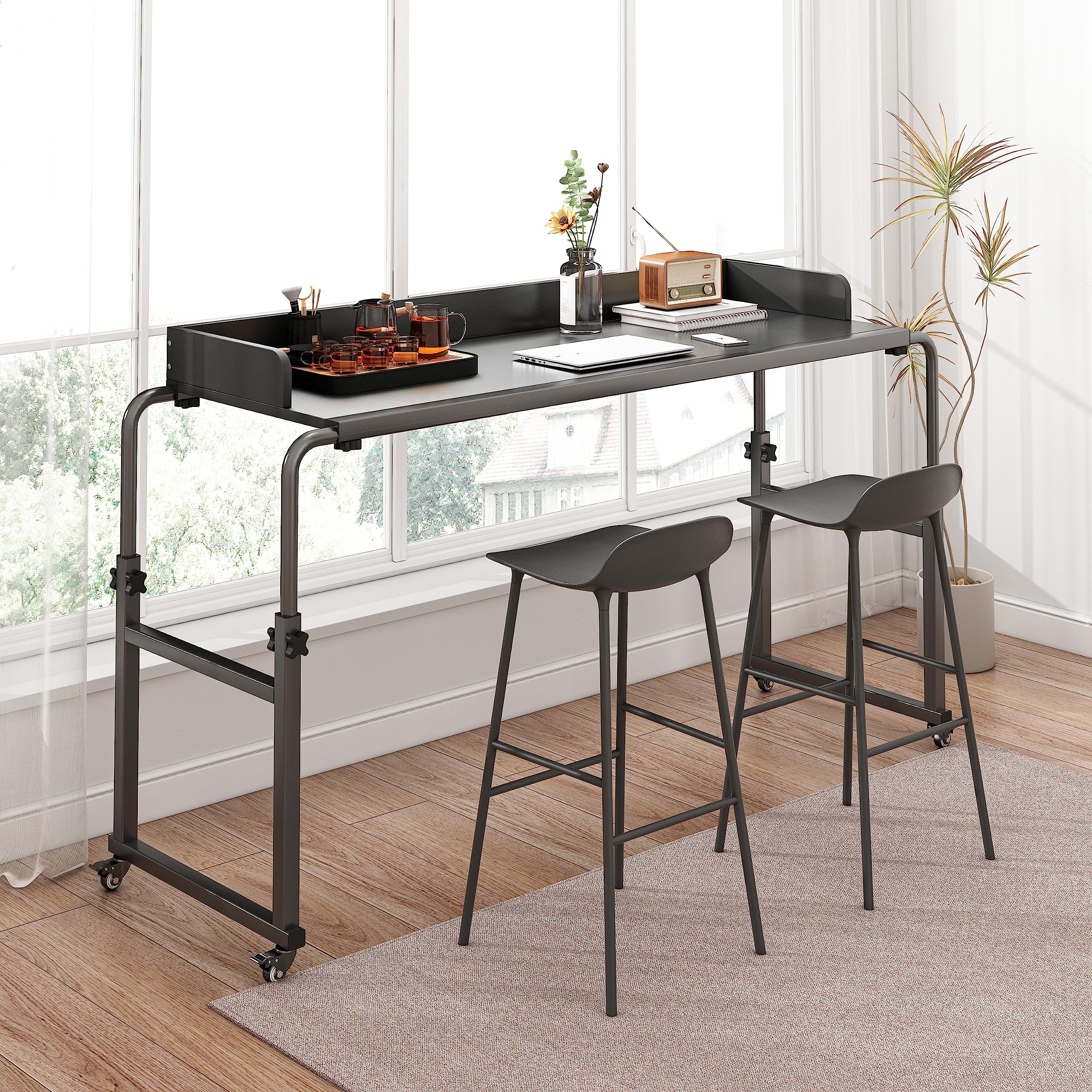 Overbed Table with 360° Wheels - Adjustable Height & Length Queen Size Mobile Bed Desk - Heavy Duty Metal Leg Recliner Table for Hospital, Home & Nursing Care (Ideal for Eating, Working, Reading in Bed)