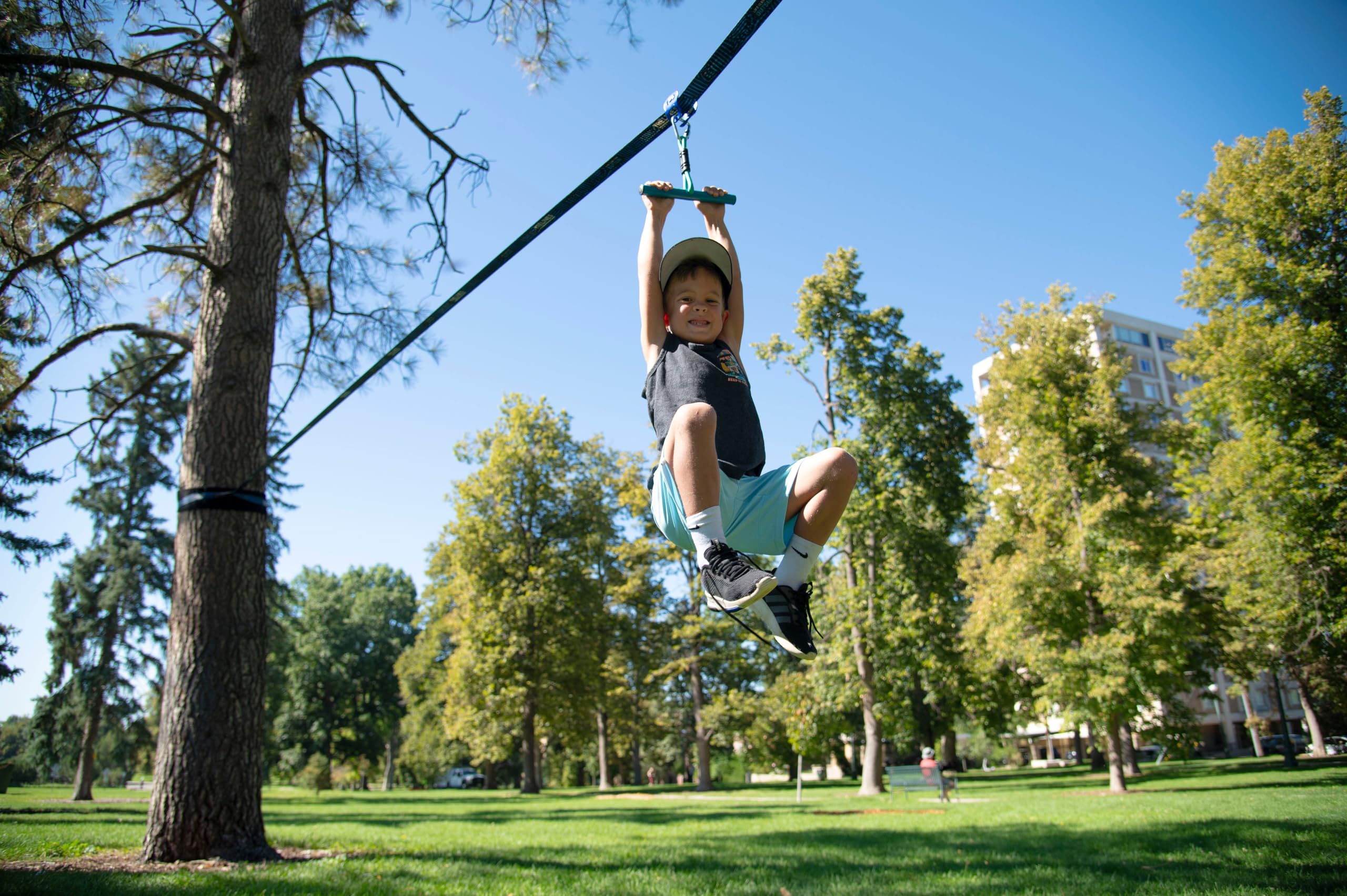 Trelines Ninja Rollerline for Kids - Backyard Warrior Course with Simple T-Bar Ride - Easy to Hold & Ride for Boys & Girls Ages 5+ - Outdoor Play Equipment for Backyard Fun - Supports Up to 250lbs - Perfect for Backyard Obstacle Courses, Ninja Training, and Outdoor Family Activities
