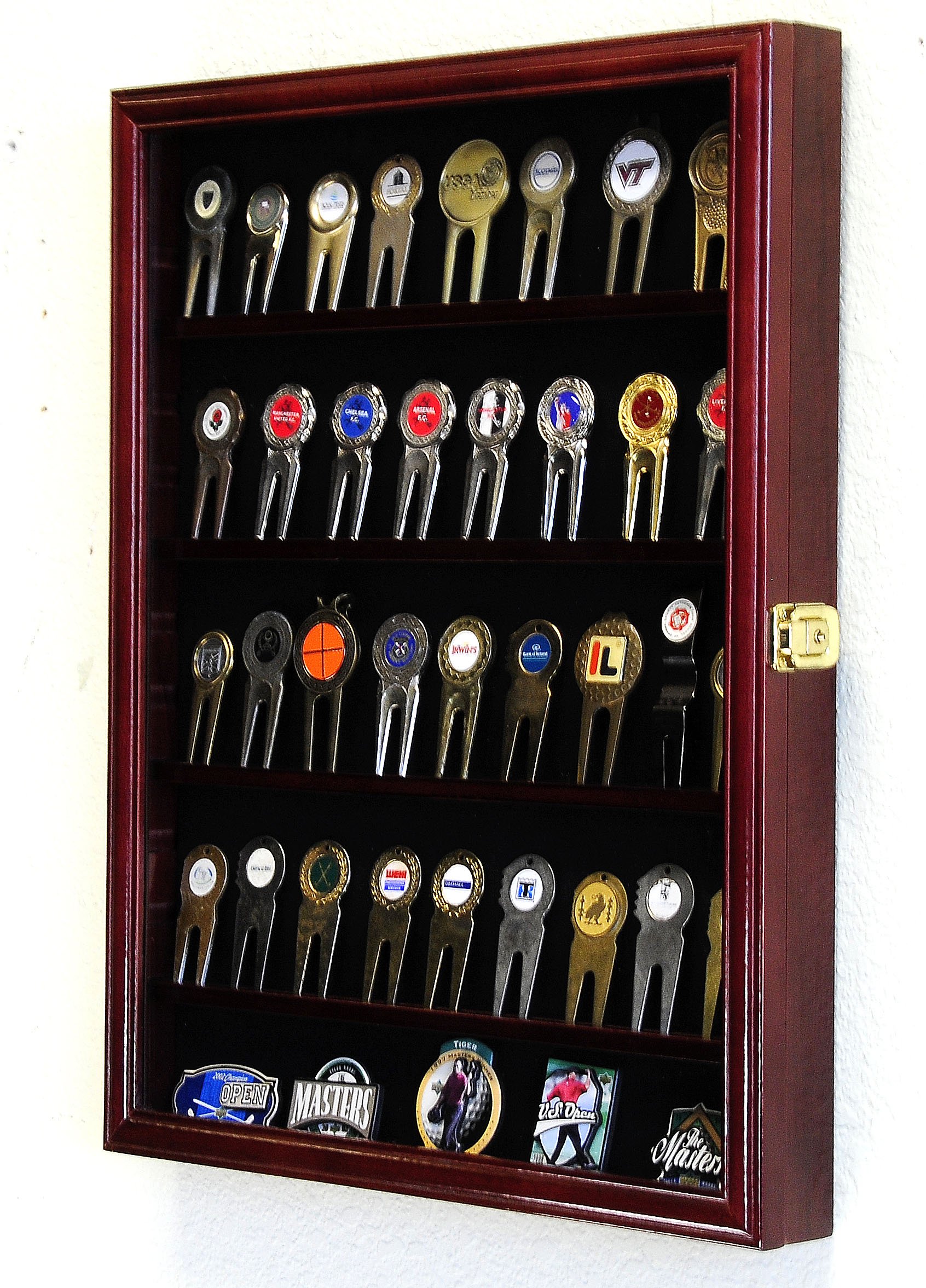 Premium Golf Ball Divot Tool & Marker Display Case - Cherry Finish Cabinet for Collectible Coin Chips & Medallions - Perfect for Home, Office, or Golf Club Showcase