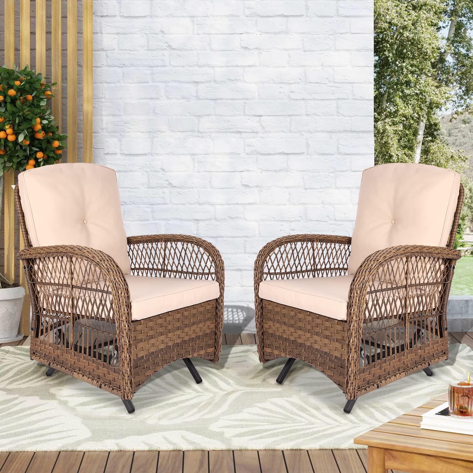 VIVIJASON 2-Piece Outdoor Wicker Rattan Glider Rocker Chair Set with Cushions & Steel Frame - All-Weather Patio Furniture for Garden, Backyard, Porch, Deck - Perfect for Relaxing, Lounging & Entertaining (Beige)