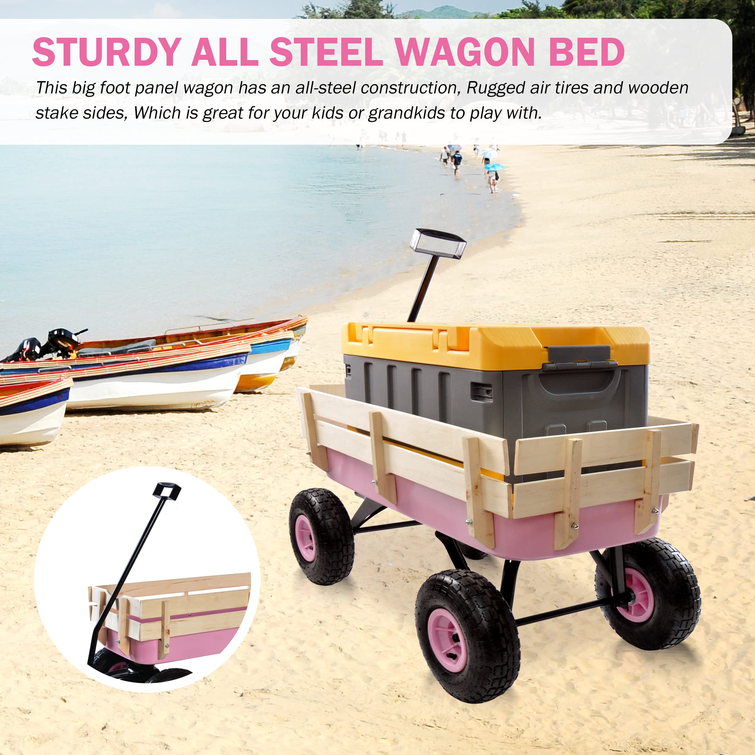 Heavy Duty Steel Wooden Side Support Cargo Wagon with 10” All-Terrain Air Tires - 176lb Capacity Foldable Garden Cart for Kids Toys, Gardening Supplies, Beach Gear & Home Projects (Pink) | Perfect for Outdoor Adventures, Yard Work & Family Fun