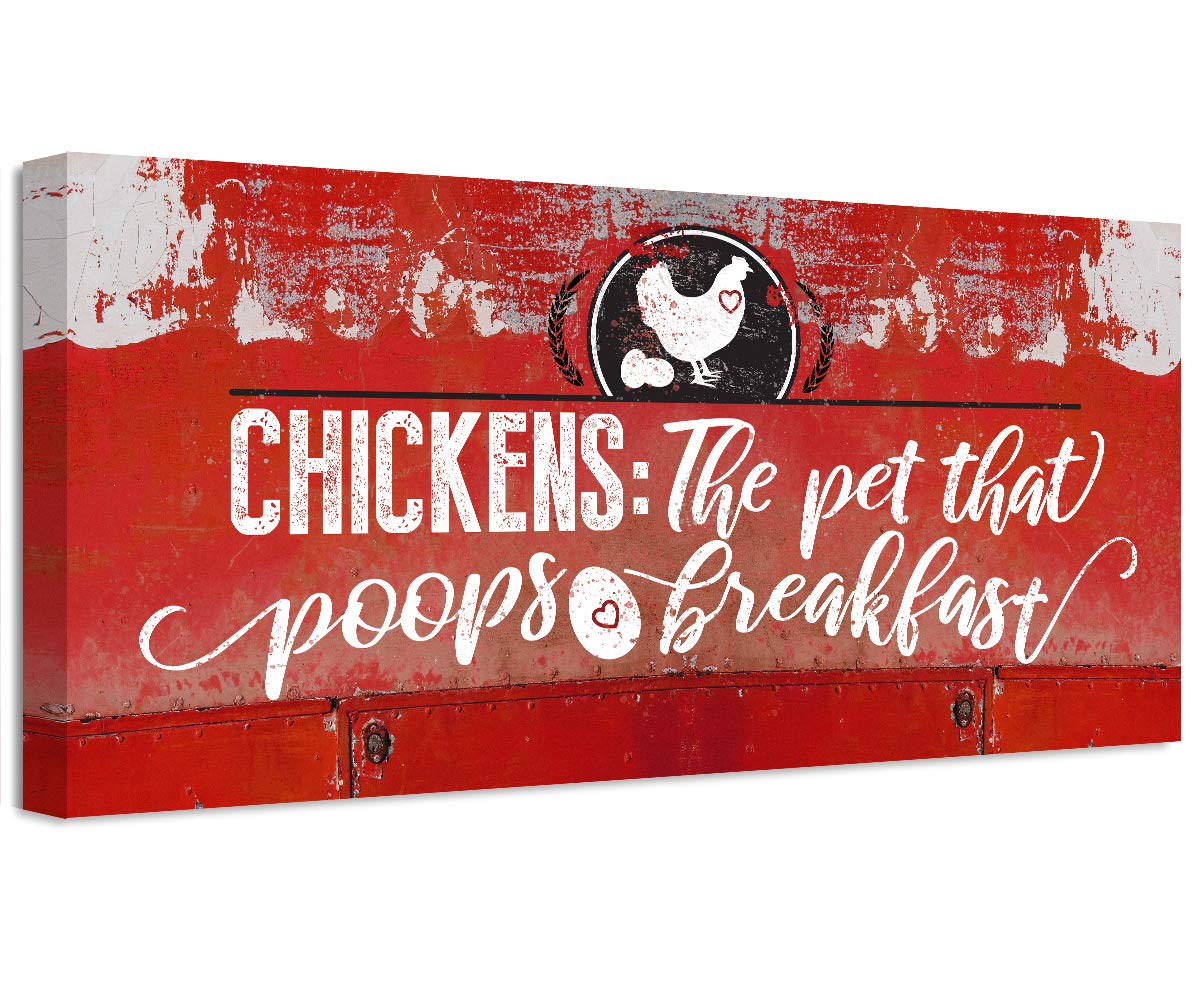 Funny Chicken Coop Plaque Sign - 'Chickens The Pet That Poops Breakfast' - Farmhouse Fresh Egg Vintage Wall Decor, Rustic Hen House Accessories, Perfect Gift for Chicken Lovers & Farm Owners - 18x36 Stretched Canvas Art for Kitchen, Barn or Garden Decor