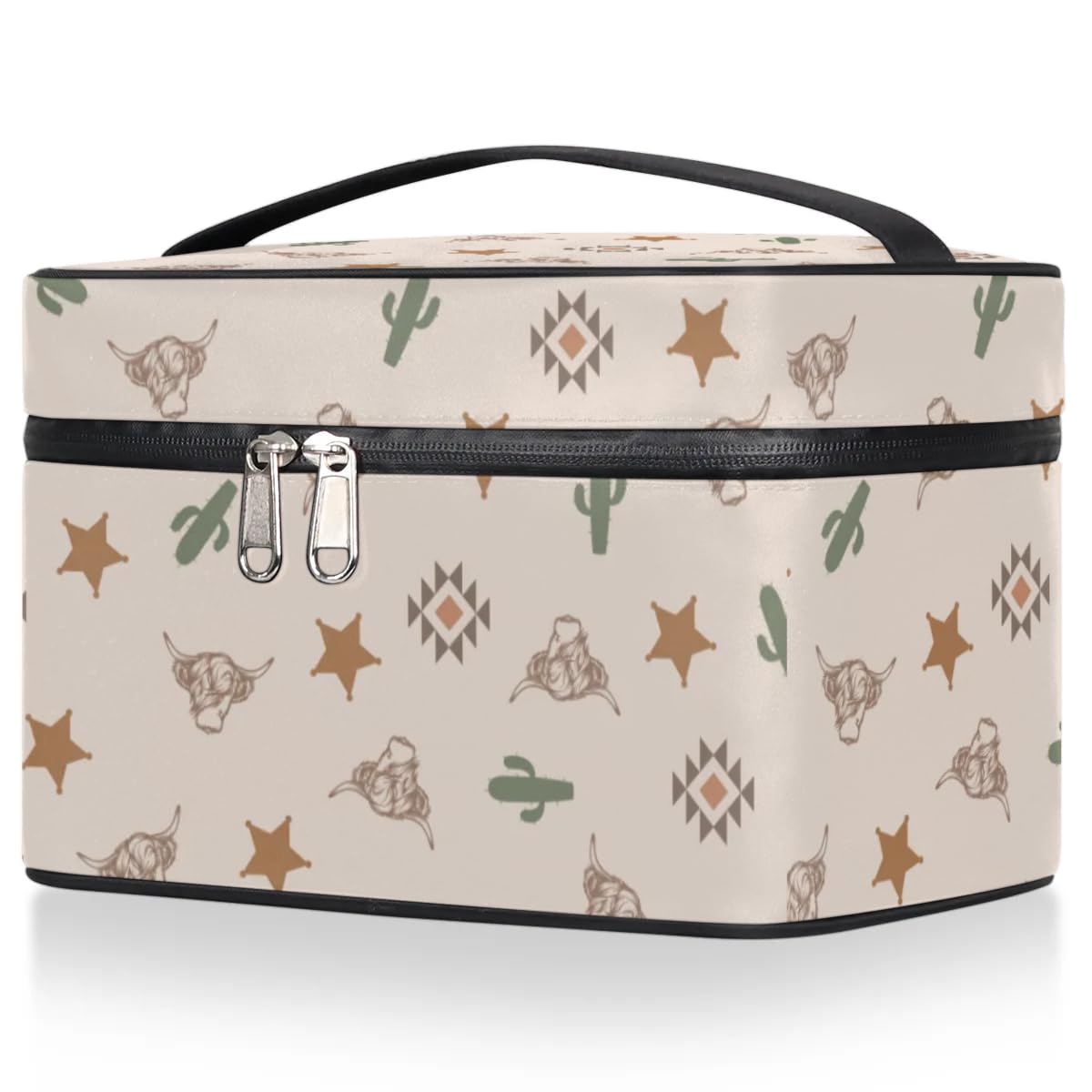 Highland Cow Makeup Bag for Women & Girls - Large Capacity Western Cactus Travel Cosmetic Organizer with Zipper - Perfect for Travel, Gym & Daily Makeup Storage
