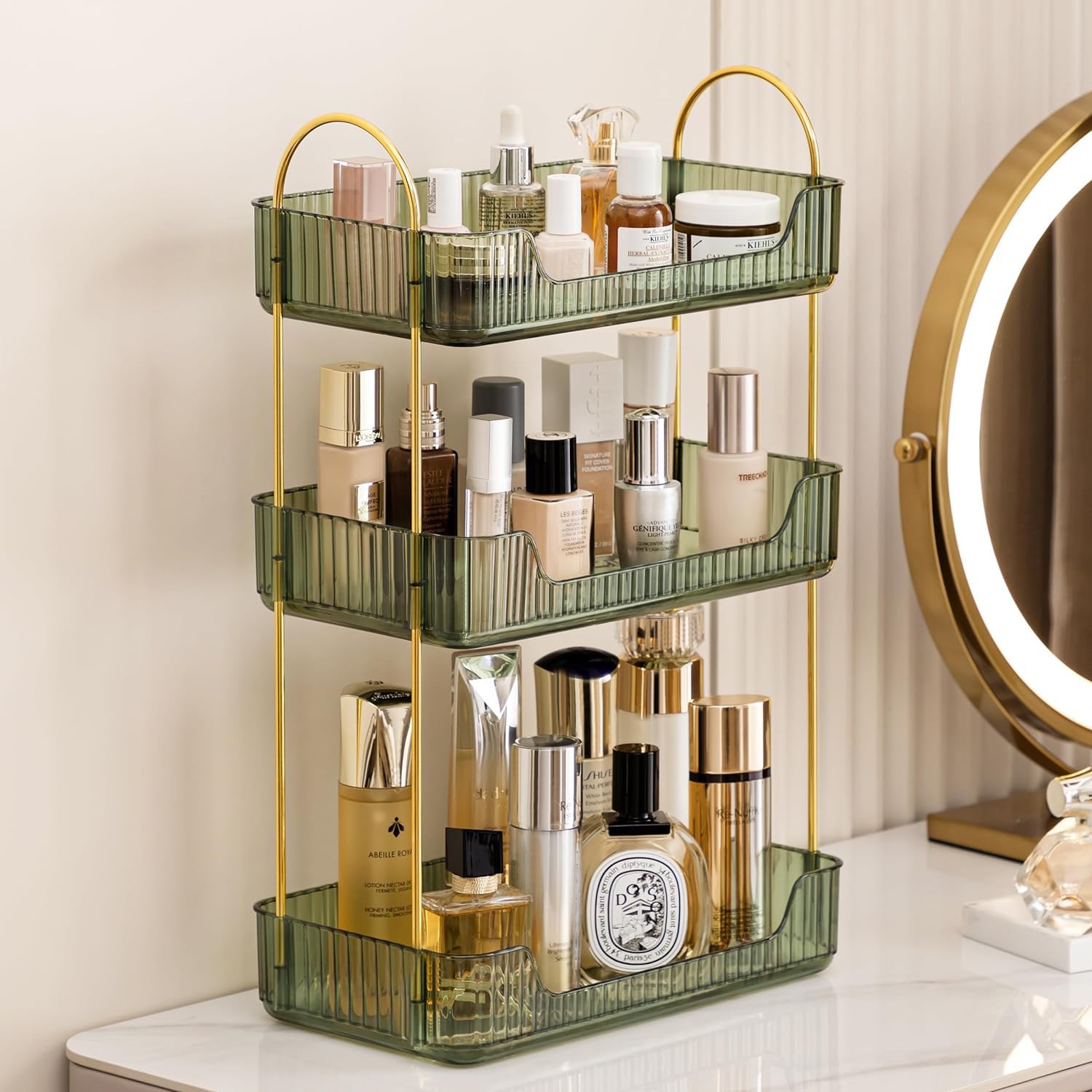 HBlife 3 Tier Bathroom Organizer Countertop - Makeup Organizer with Perfume Tray & Skincare Storage for Bathroom, Dresser, Vanity - Green | Perfect for Small Space Organization, Cosmetic Display & Daily Beauty Routine